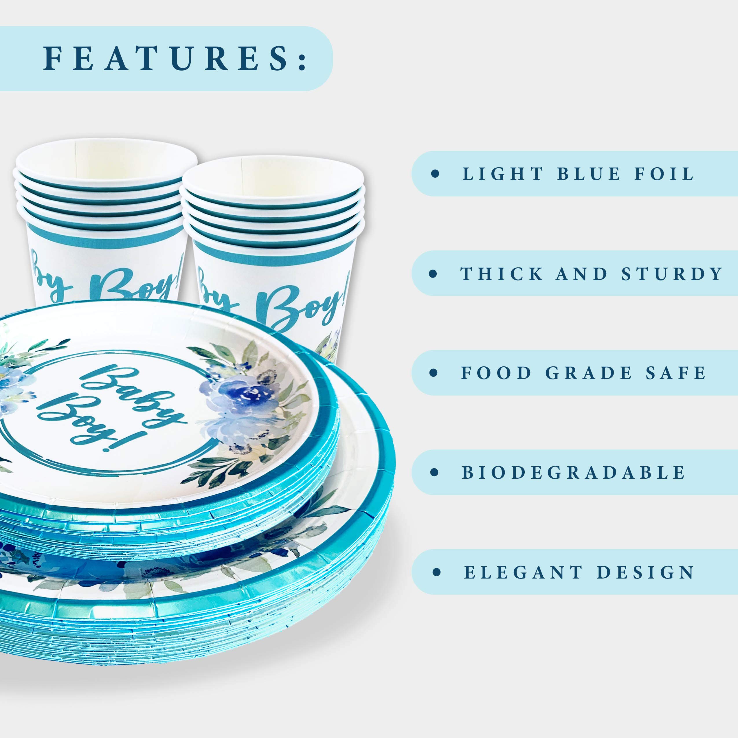 Baby Shower Plates and Napkins Set - 25-Piece Disposable Tableware with Light Blue Foil & Floral Design | Includes Dinner Plates, Dessert Plates, Cups & Napkins | Perfect for Baby Boy Showers, Gender Reveals & Nursery Themed Parties