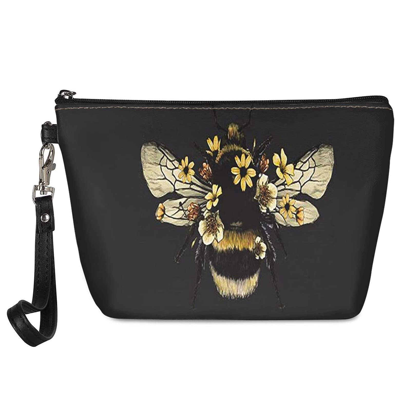 Showudesigns Cute Bee Makeup Bag for Women & Teens - Black PU Leather Cosmetic Clutch, Small Portable Travel Pouch (Perfect for Daily Use, Travel, and Gifts)