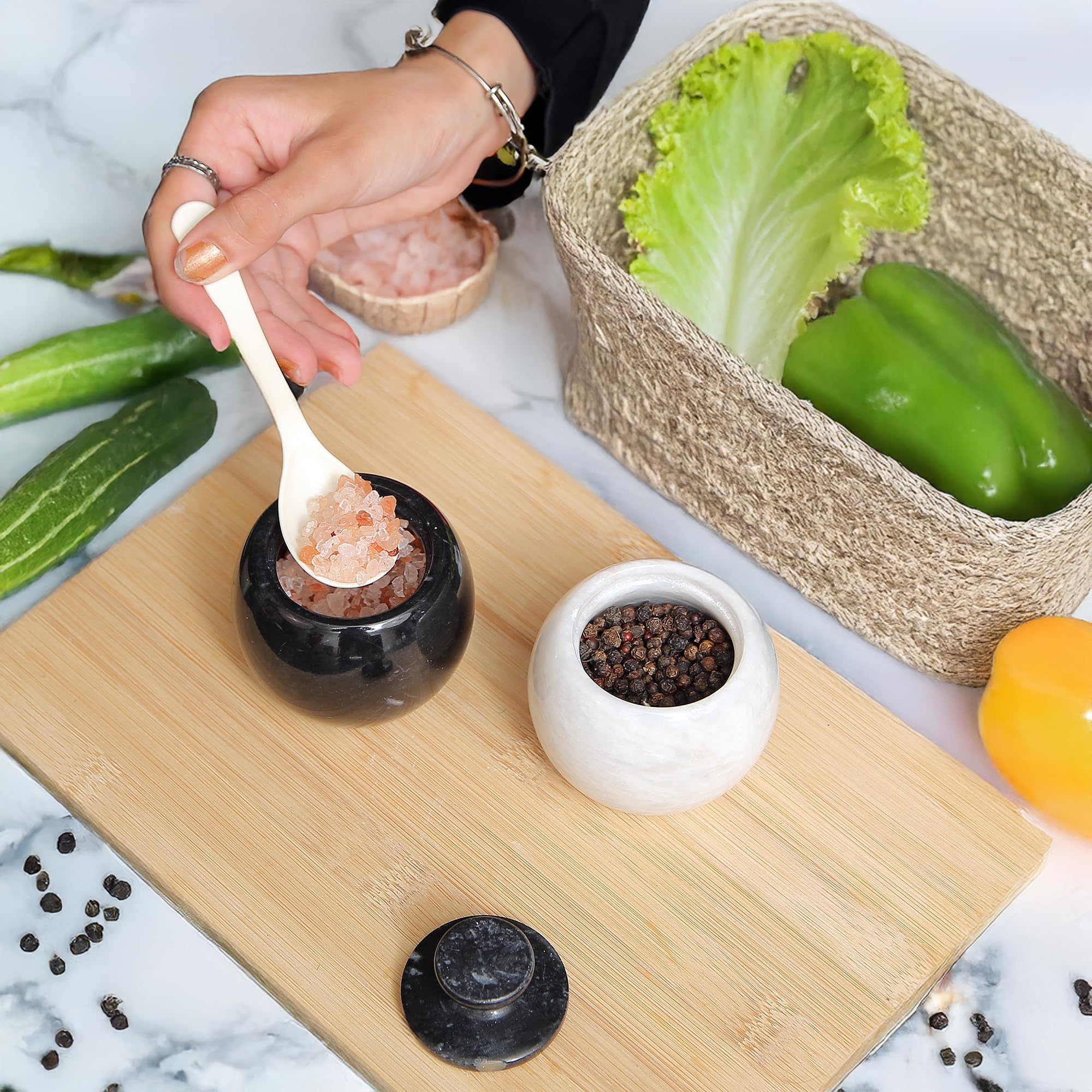 Premium Marble Salt Cellar with Lid - Set of 2 Elegant Marble Salt and Pepper Bowls - Airtight Spice Holder for Salt, Pepper, Paprika & Seasonings (Sunny Grey & Black, Style 02) - Perfect for Kitchen, Dining Table & Gourmet Cooking