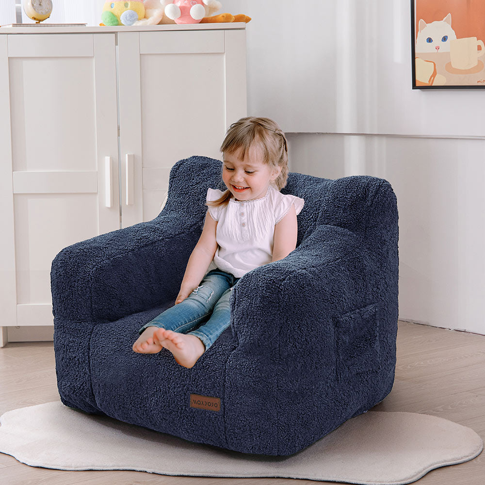 MAXYOYO Kids Sherpa Bean Bag Chair - Soft Teddy Lazy Sofa for Boys and Girls, Navy Blue - Cozy Reading Nook & Playroom Seating for Children's Bedroom