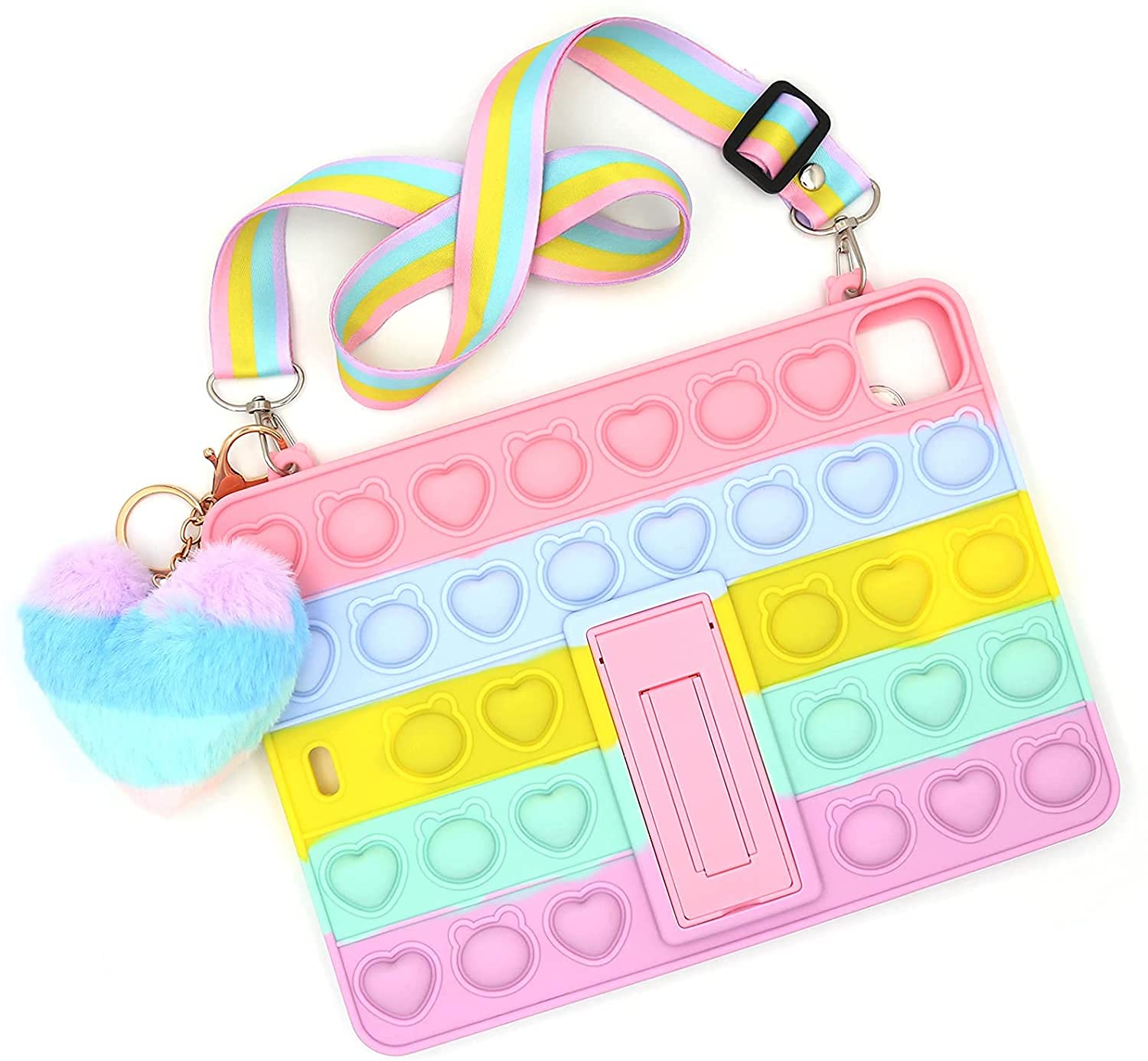Cytec Cute Popit Case for iPad Air 5th Gen (2022) & iPad Air 4th Gen (2020) 10.9 Inch - Bubble Push Sensory Case with Kickstand, Adjustable Shoulder Strap & Heart Pendant (Rainbow Bear Design) - Perfect for Stress Relief, Travel & School Use