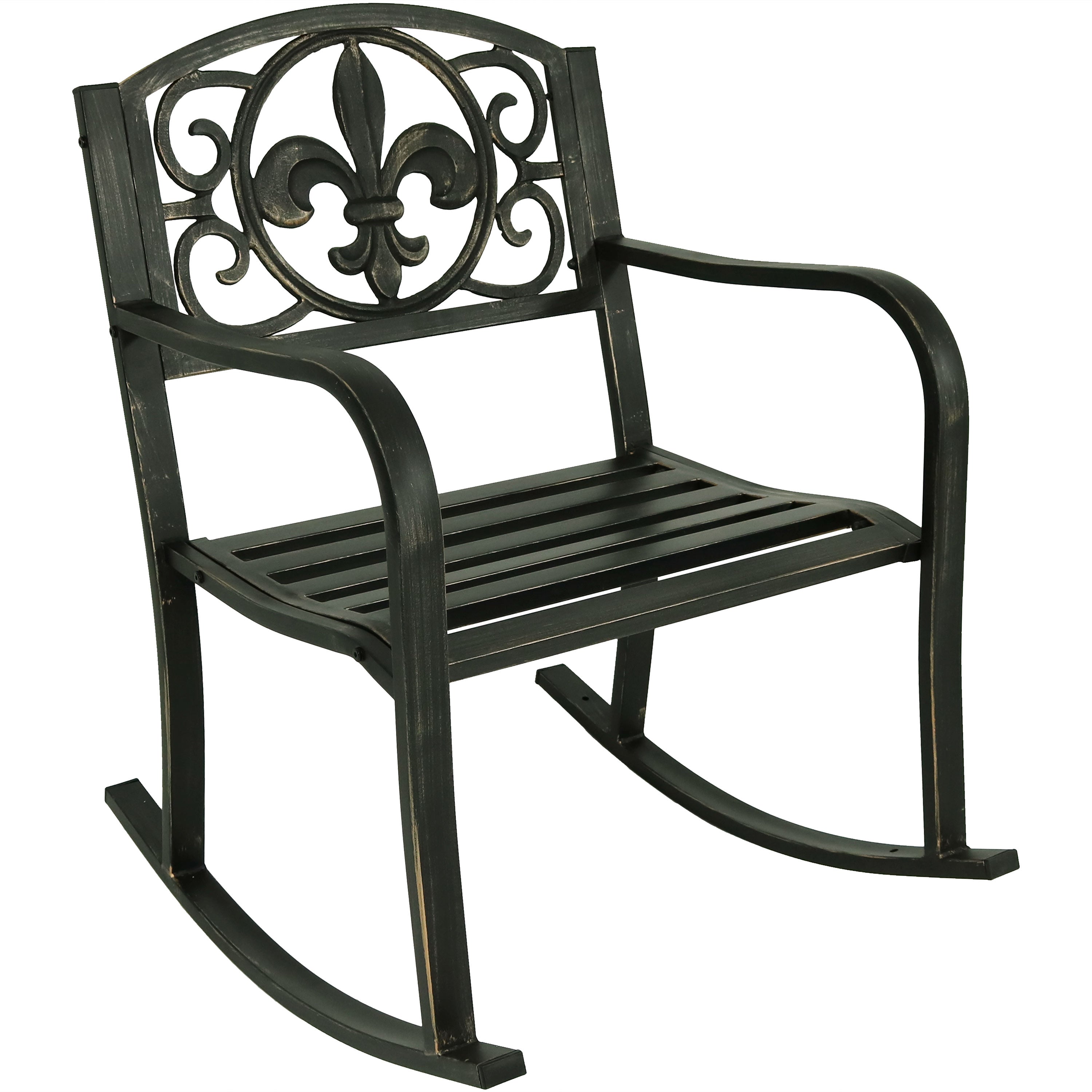 Sunnydaze Cast Iron and Steel Outdoor Rocking Chair with Fleur de Lis Design - Perfect for Garden, Patio, Porch & Backyard Relaxation