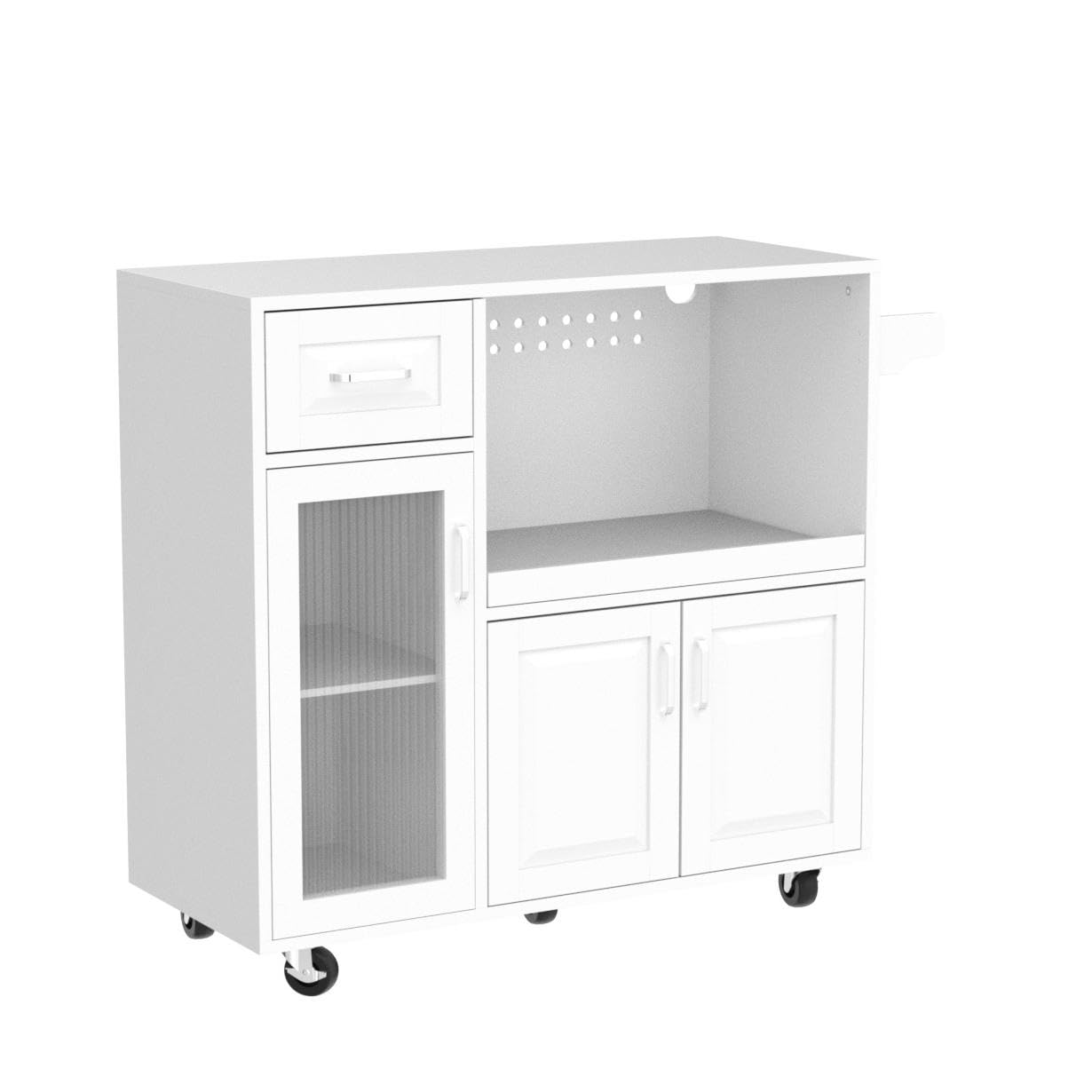 PHI VILLA White Microwave Stand Cart with Wheels - Mobile Kitchen Island with Microwave Shelf & Storage - Perfect for Small Kitchens, Apartments, and Dorm Rooms