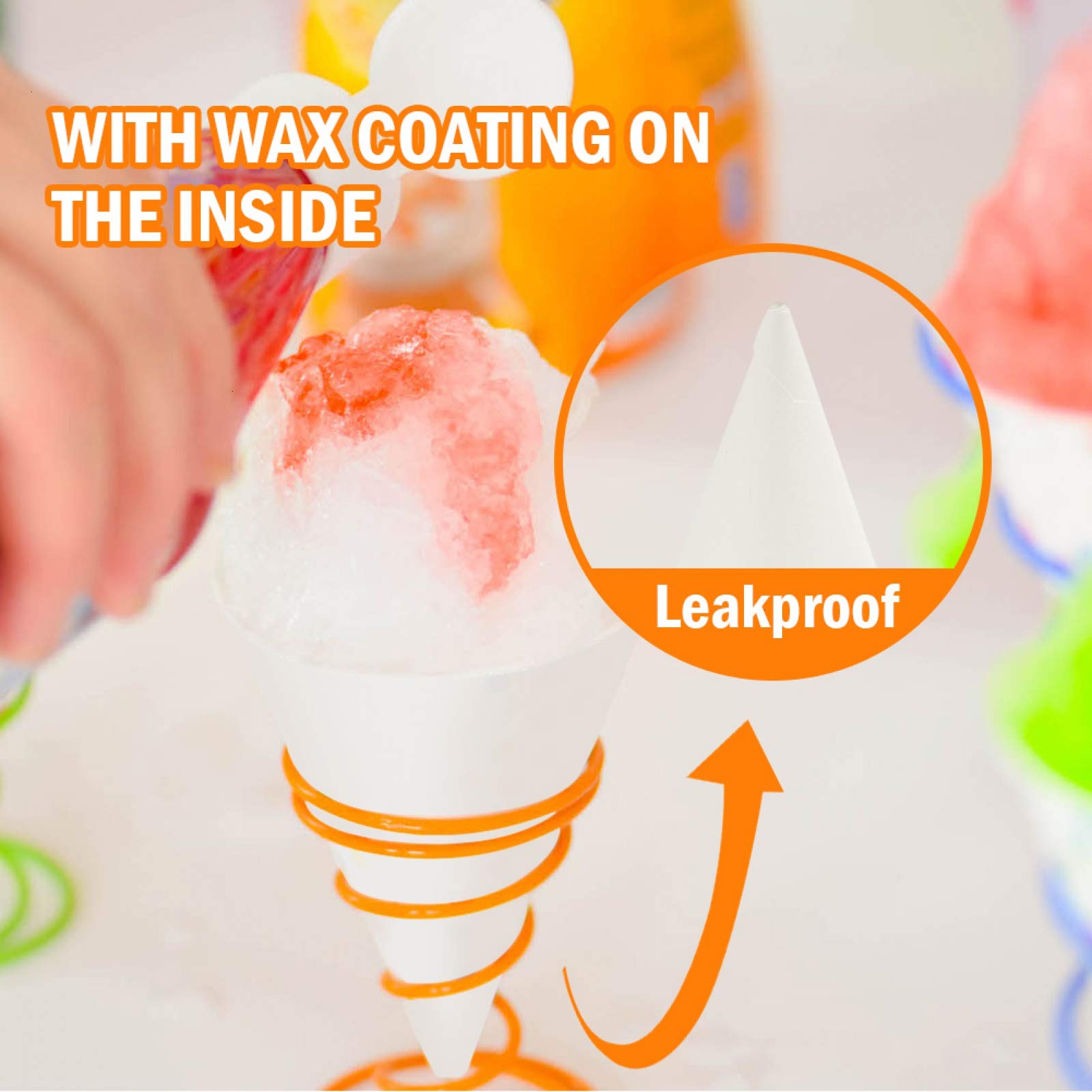 Aqueenly 100-Pack 6oz White Snow Cone Cups - Wax Coated Leakproof Paper Cups for Shaved Ice, Slush, Water - Perfect for Summer Parties, Carnivals & Frozen Treats