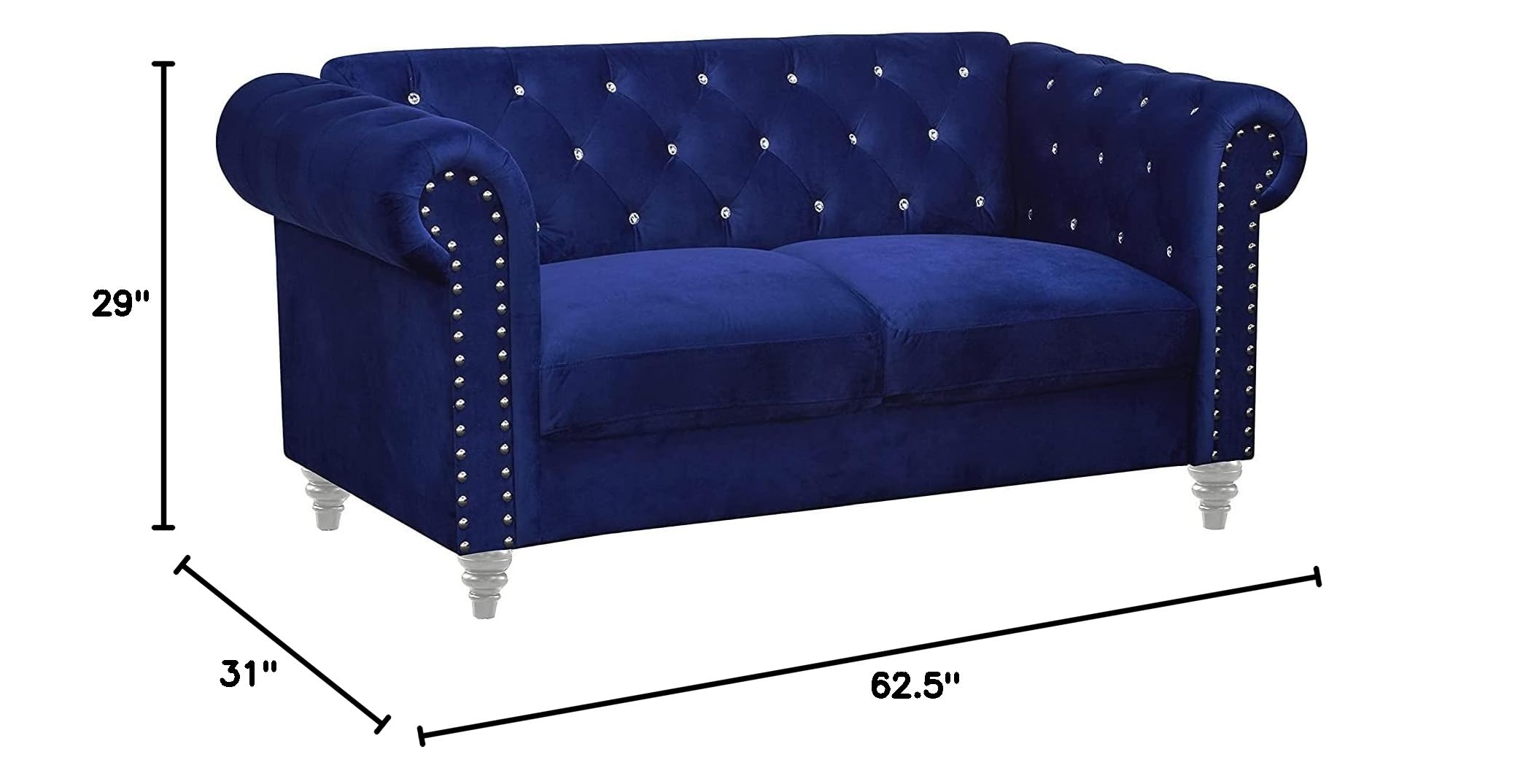Glam Emma Velvet Chesterfield Loveseat - Royal Blue Tufted Two-Seater Sofa for Small Spaces | Classic Elegant Furniture with Crystal Buttons | Perfect for Living Room, Apartment & Office
