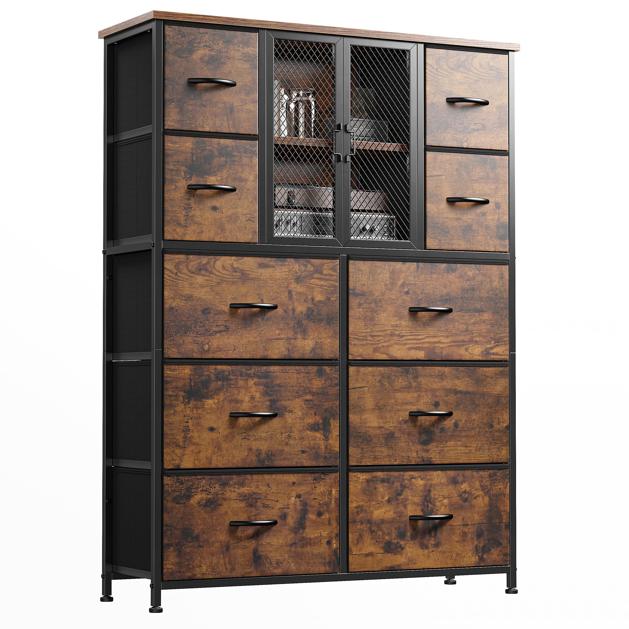Rustic Brown Tall Dresser with 10 Fabric Drawers - Wood Top & Metal Frame Bedroom Storage Organizer for Closet or Entryway (48.1