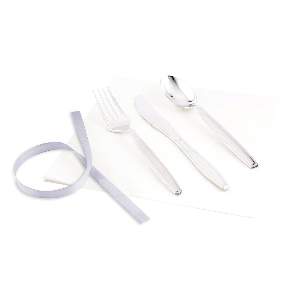Premium Argento Silver Plastic Cutlery Set with White Napkins & Silver Ribbon - 100-Piece Box (7.25
