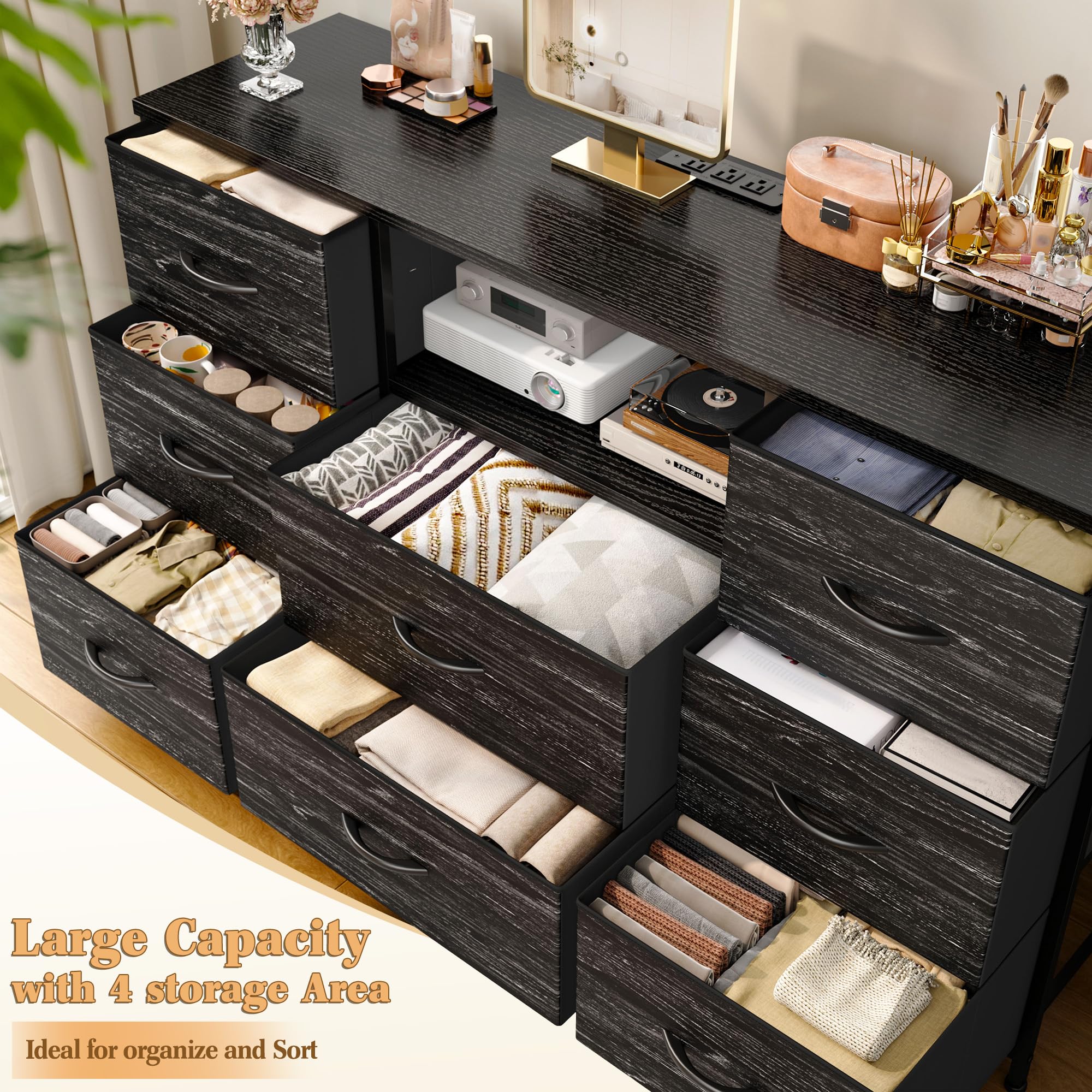 EnHomee 8-Drawer Black Dresser with Built-in Power Outlets - Sturdy TV Stand for 55