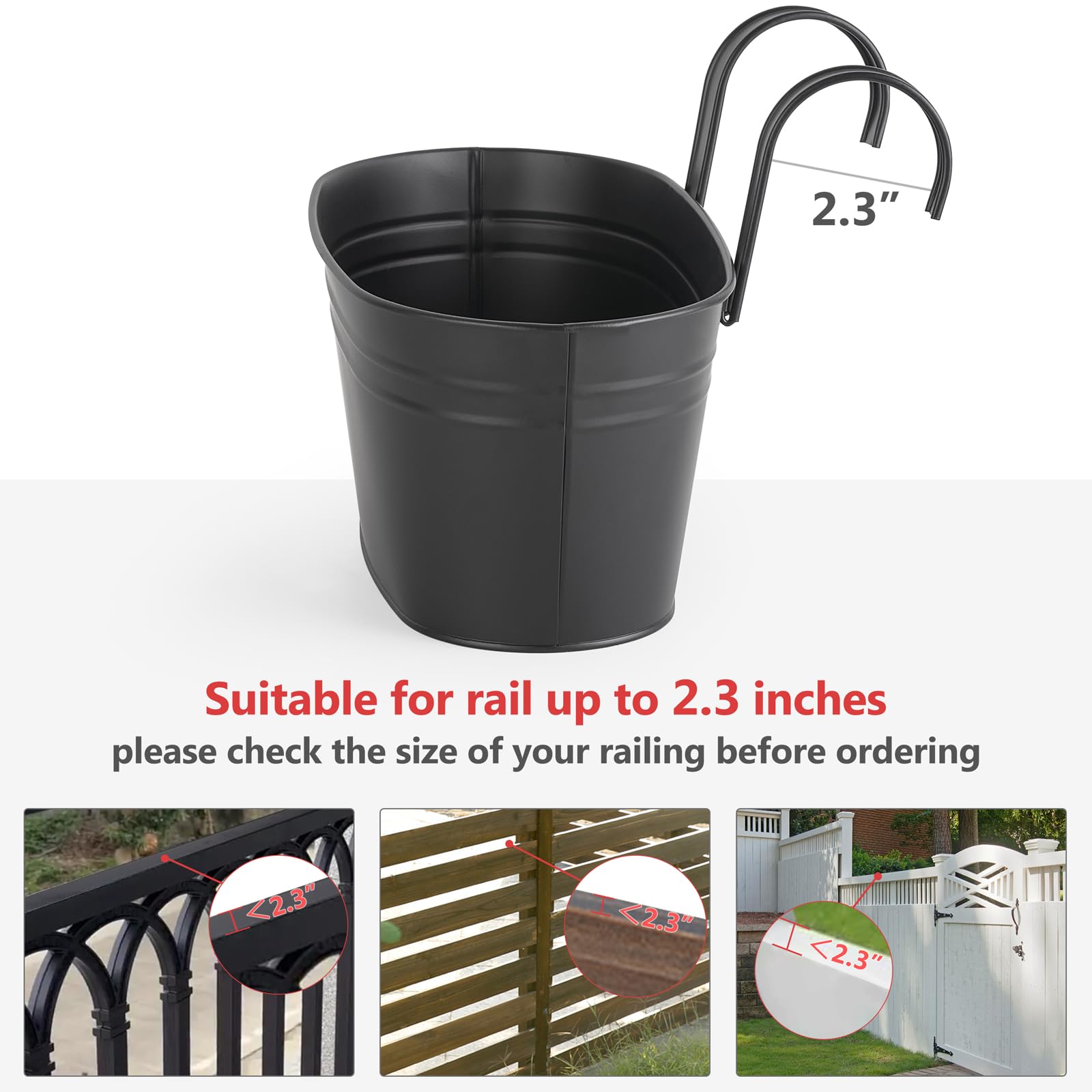 Dahey 5-Pack Black Metal Hanging Flower Pots for Outdoor Railings & Fences - Rustic Window Planters with Detachable Hooks - Perfect for Balcony, Garden & Patio Decor