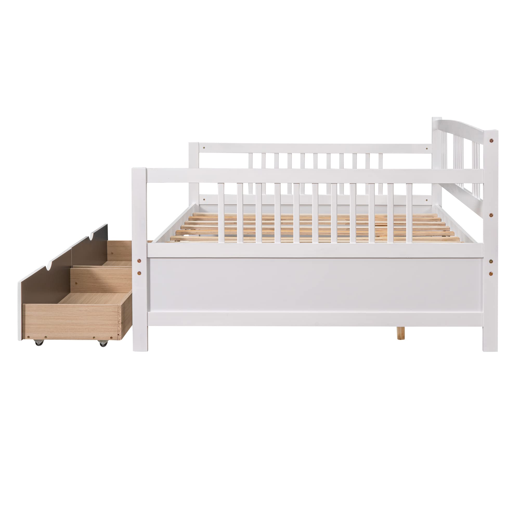 Full Size Wooden Daybed with Storage Drawers - Convertible Sofa Bed for Teens & Adults - Perfect for Guest Rooms, Dormitories & Small Spaces (White)