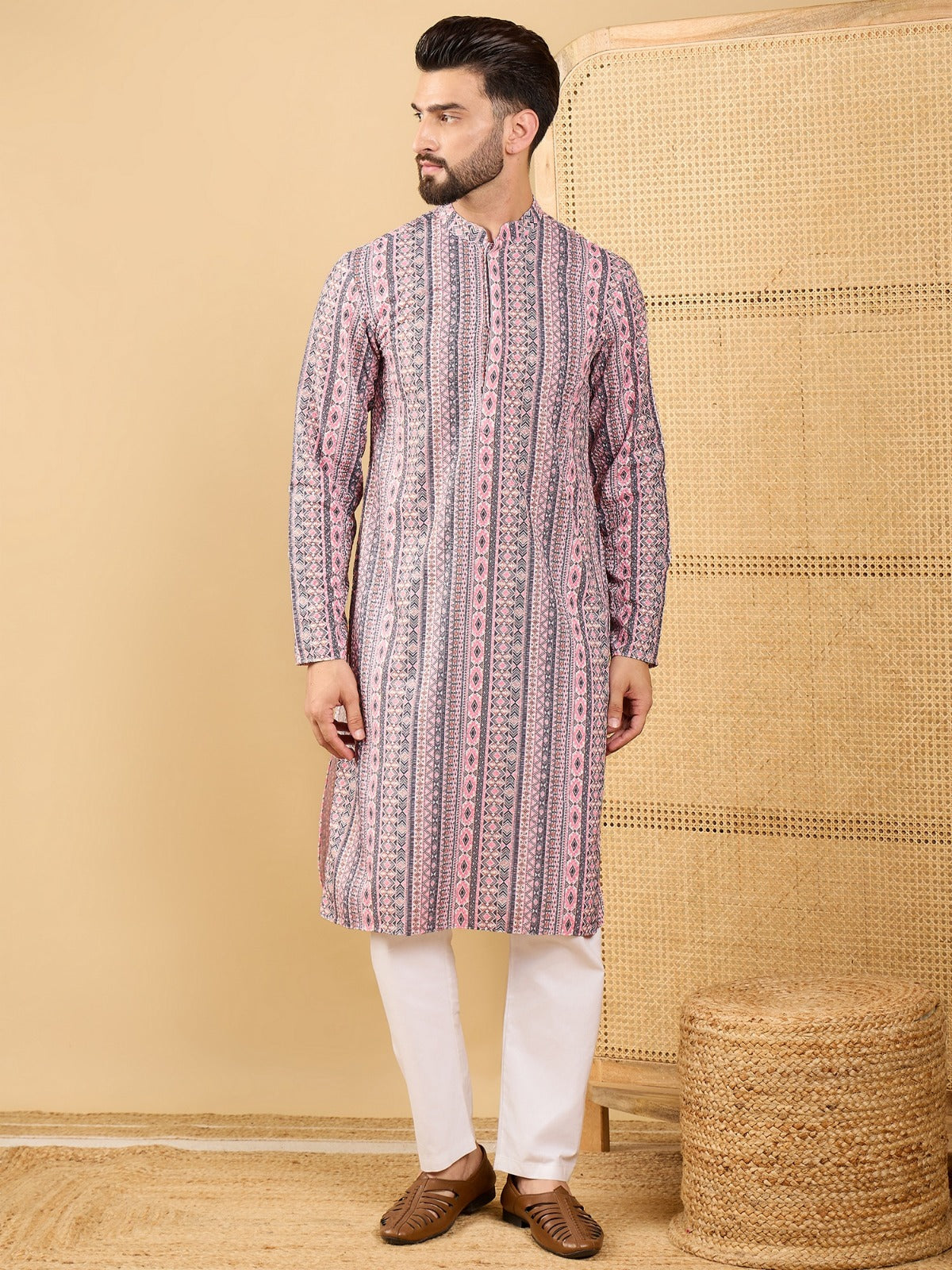 Stylish Men's Kurta in Multicolor Pink - Comfortable & Trendy Ethnic Wear for Festivals, Weddings & Casual Outings