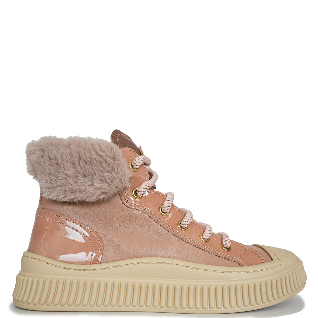 Beberlis Women's Nude Patent Leather Fur-Trimmed High Top Sneakers - Fashionable Winter Boots for Casual Outfits & Street Style