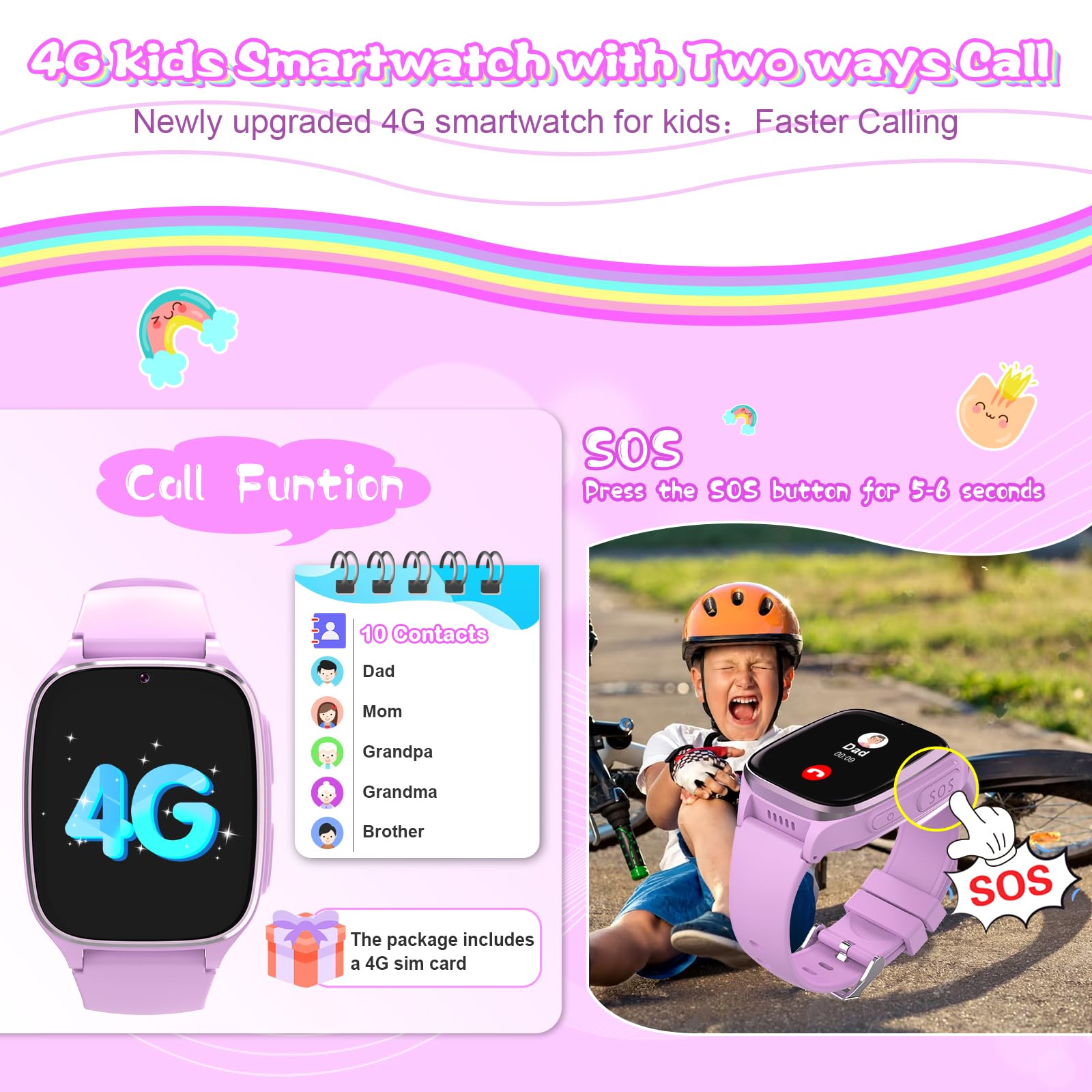 4G Kids Smart Watch with SIM Card - GPS Tracker, Camera, Music, Games & Learning Apps for Boys & Girls Ages 4-12 | Perfect for School, Outdoor Play & Parental Monitoring (Purple)