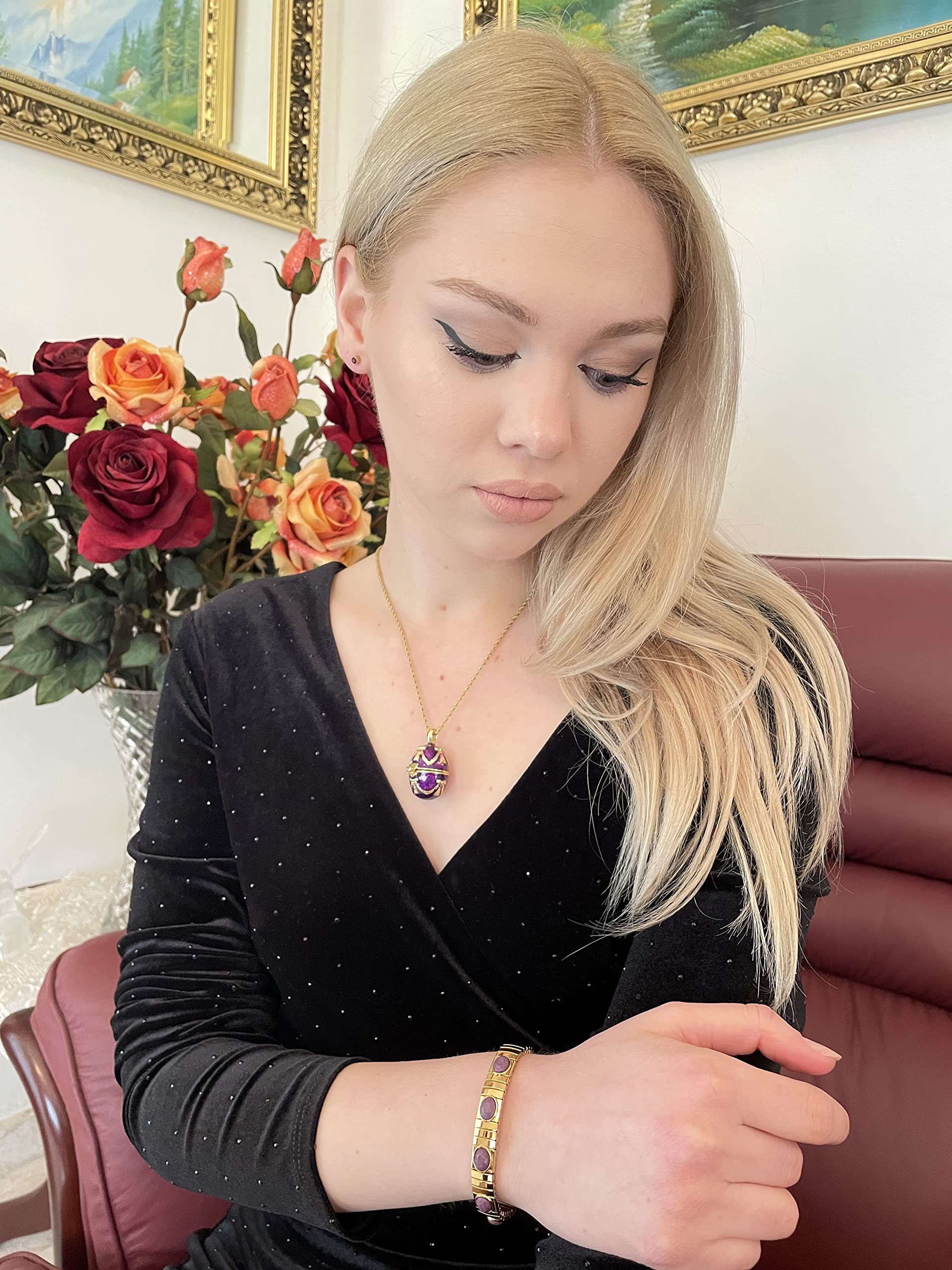 Handmade 24k Gold Plated Amethyst Faberge Egg Pendant Necklace & Bracelet Set - Russian Style Purple Jewelry Gift with 23.5