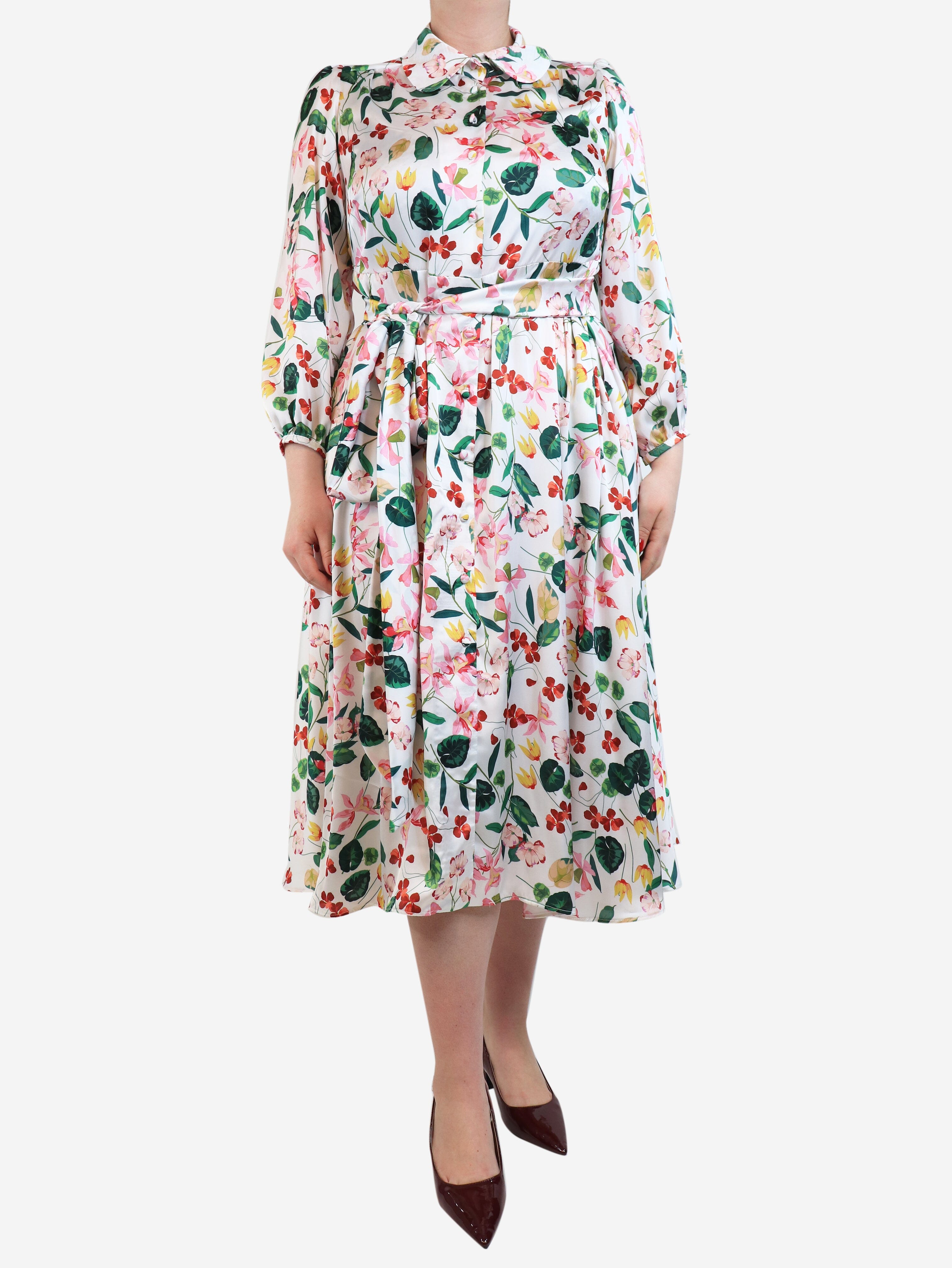 Elegant Multicolor Floral Print Belted Midi Dress for Women - Perfect for Spring & Summer Outfits, Parties, and Casual Wear - Available in Multiple Sizes