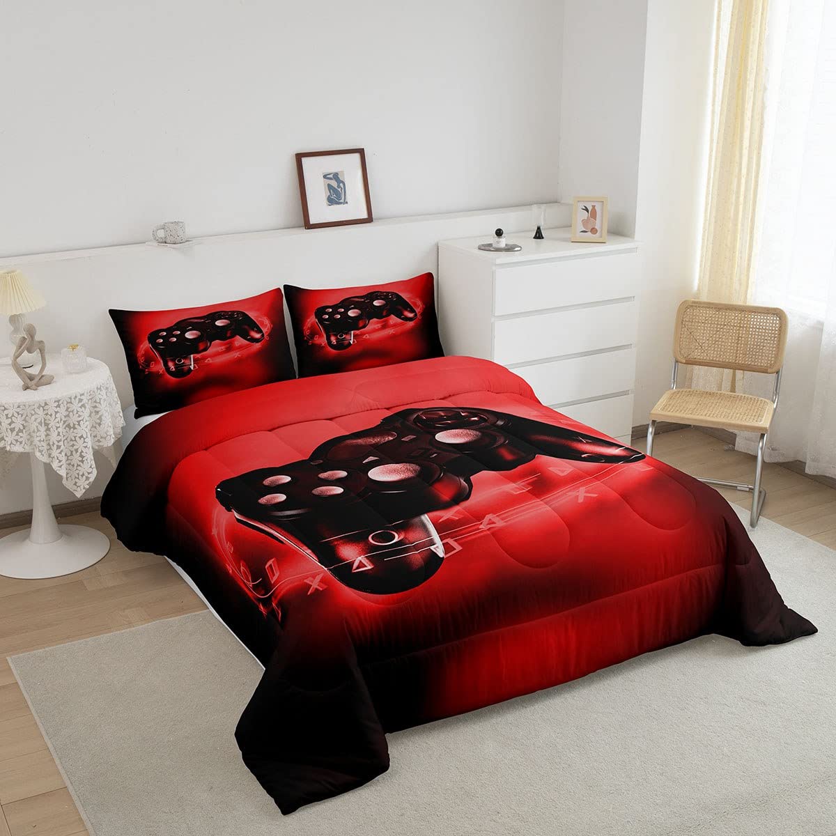 Feelyou Gaming Comforter Set - Video Game Themed Bedding for Teens & Boys - Red & Black Gamer Duvet Cover with Controller Design - Full/Queen Size Comforter & 2 Pillowcases - Perfect for Gaming Rooms, Teen Bedrooms & Sleepovers