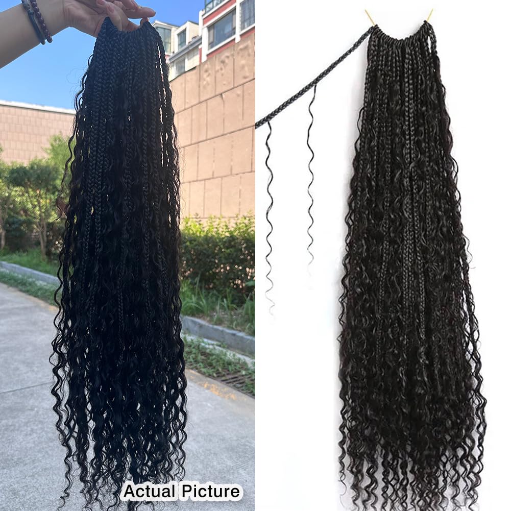 Pre-Looped Crochet Boho Box Braids with Human Hair Curls & Curly Ends - 18 Inch Goddess Box Braids for Black Women (2 Packs, 80 Strands, Natural Color) | Perfect for Protective Styling, Everyday Wear & Special Occasions