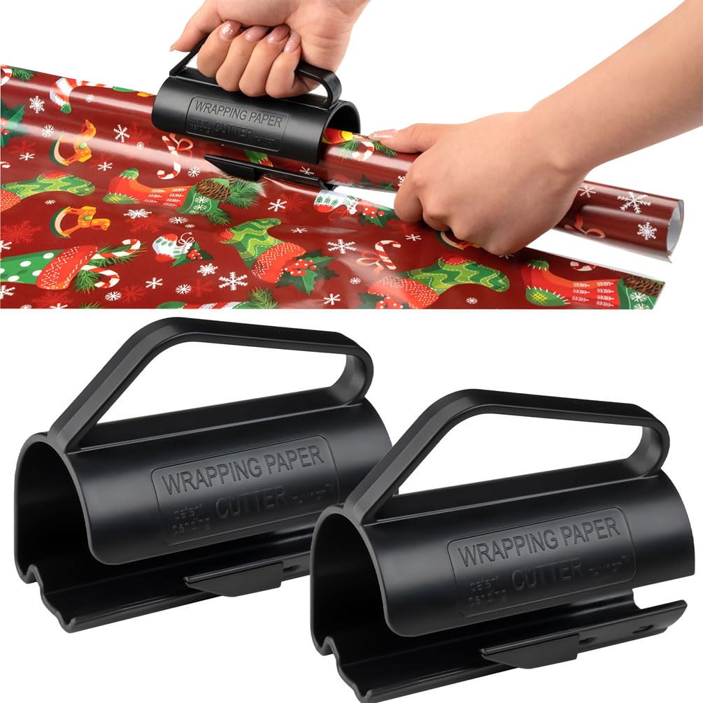2Pcs Wrapping Paper Cutter with Handle - Push Cut Easy Sliding Gift Wrap Dispenser & Roll Holder - Black for Birthday, Christmas, Party Gift Wrapping - Perfect for Adults, Men & Women at Home or Office