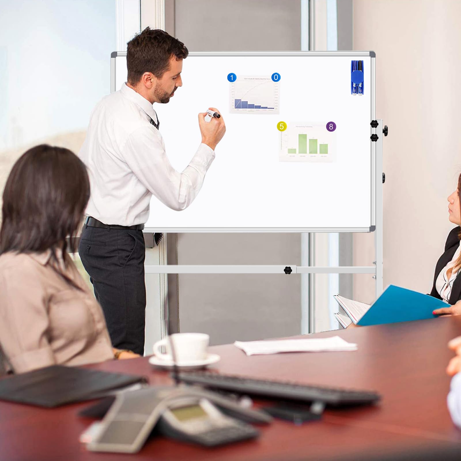 Adjustable Height 36x24 Dry Erase Whiteboard with Rolling Stand - Mobile Magnetic Whiteboard on Wheels for Office, Classroom & Home Use