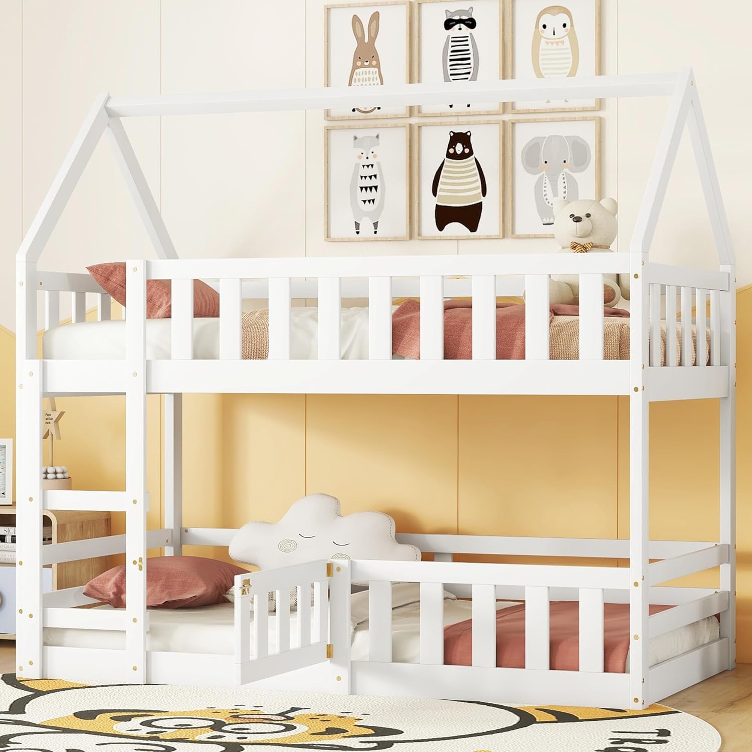 **MERITLINE Wooden Twin Over Twin Bunk Bed with Fence, Door & Roof - Kids Loft Bed for Girls & Boys - Easy Assembly, White - Perfect for Small Bedrooms & Shared Spaces**