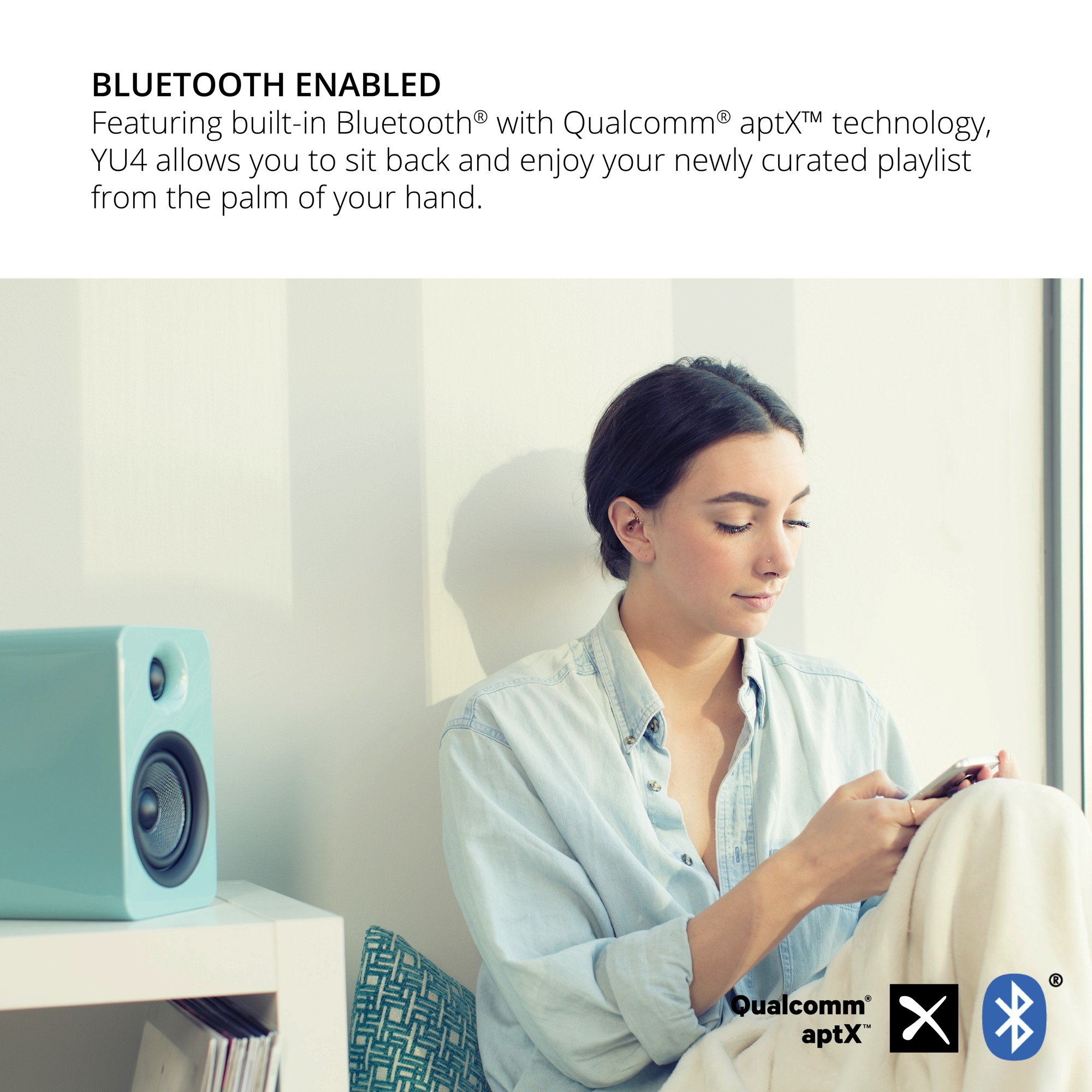 Kanto YU4GB Powered Bluetooth Bookshelf Speakers with Built-in Phono Preamp - 140W Peak Power, Auto Standby, Remote Included - Gloss Black Finish for Home Audio & Vinyl Record Setup