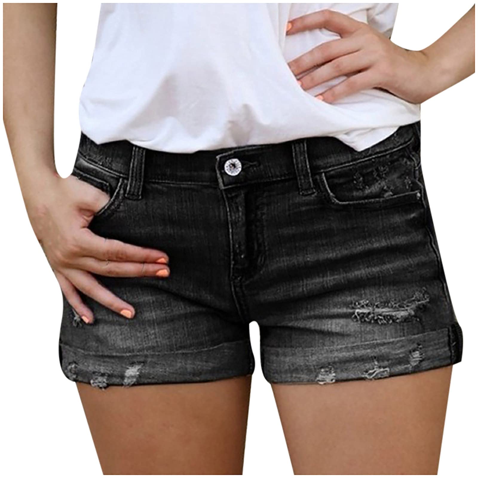 SHINELOVE Women's High Waist Denim Shorts with Pockets - Trendy Straight Leg Summer Jean Shorts for Casual Outfits & Beach Wear