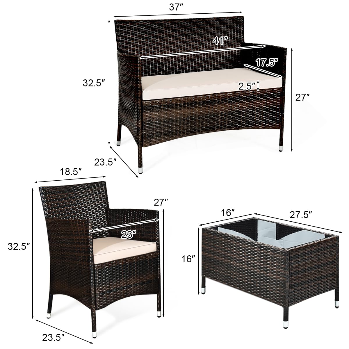 4-Piece Outdoor Patio Furniture Set - All-Weather Wicker Sectional Sofa with Rattan Chairs & Glass Coffee Table - Perfect for Backyard, Porch, Poolside, Balcony & Garden Relaxation