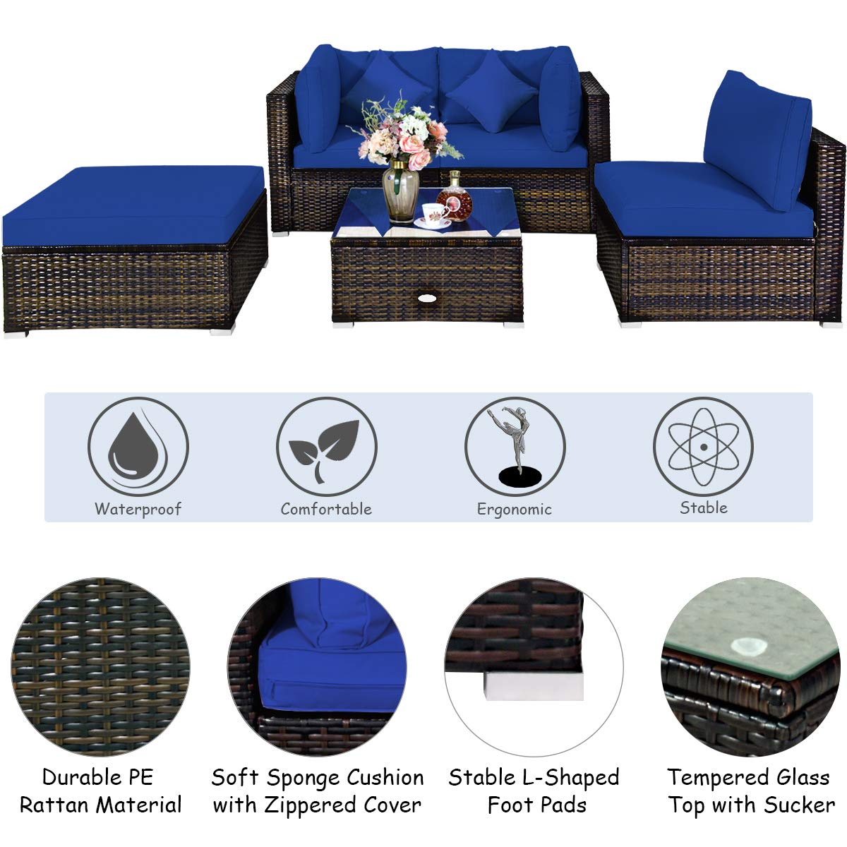 Tangkula 5-Piece Outdoor Patio Furniture Set - All-Weather Wicker Sectional Sofa with Cushions & Glass Table - Navy Blue Rattan Conversation Set for Backyard, Porch, Garden, Poolside & Deck Relaxation
