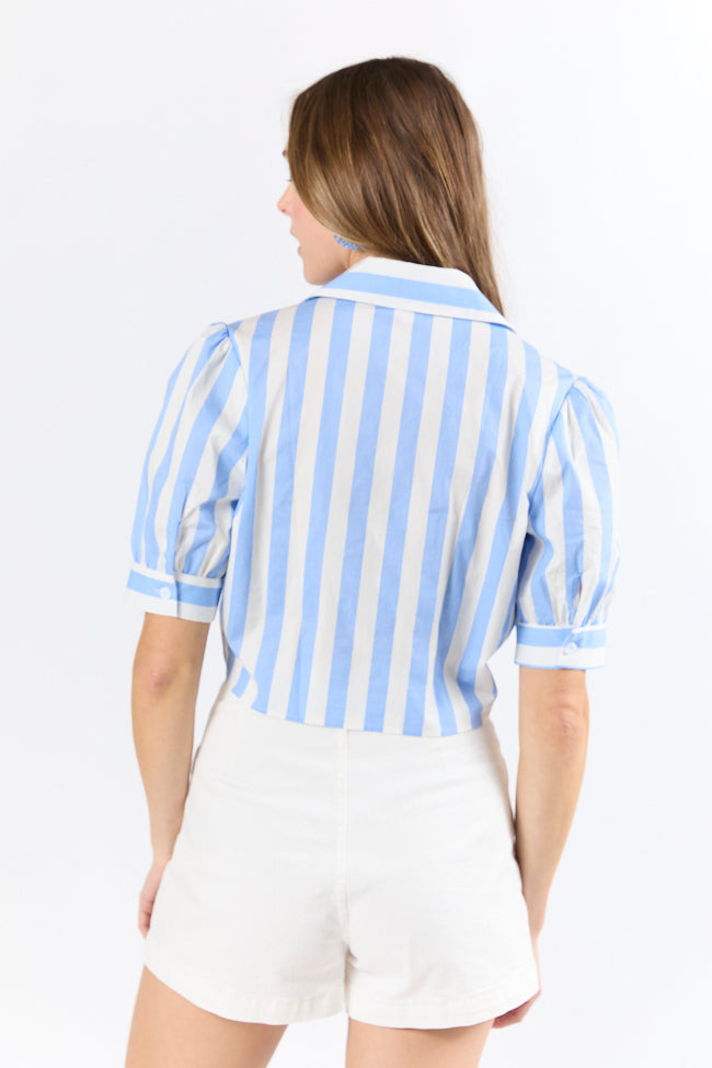 Stylish Blue Striped Tie Front Collared Blouse for Women | Office Wear & Business Casual Outfits | Perfect for Work, Meetings & Professional Events