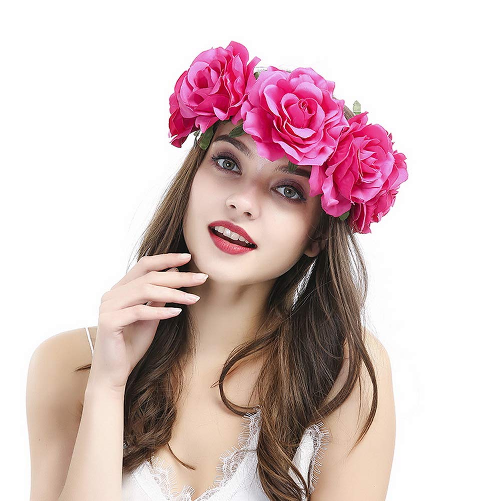 YAZILIND Artificial Large Rose Flower Wreath Garland Stretch Hairband - Bridal Headband for Weddings, Holiday Hair Accessories for Christmas & Parties (#2)