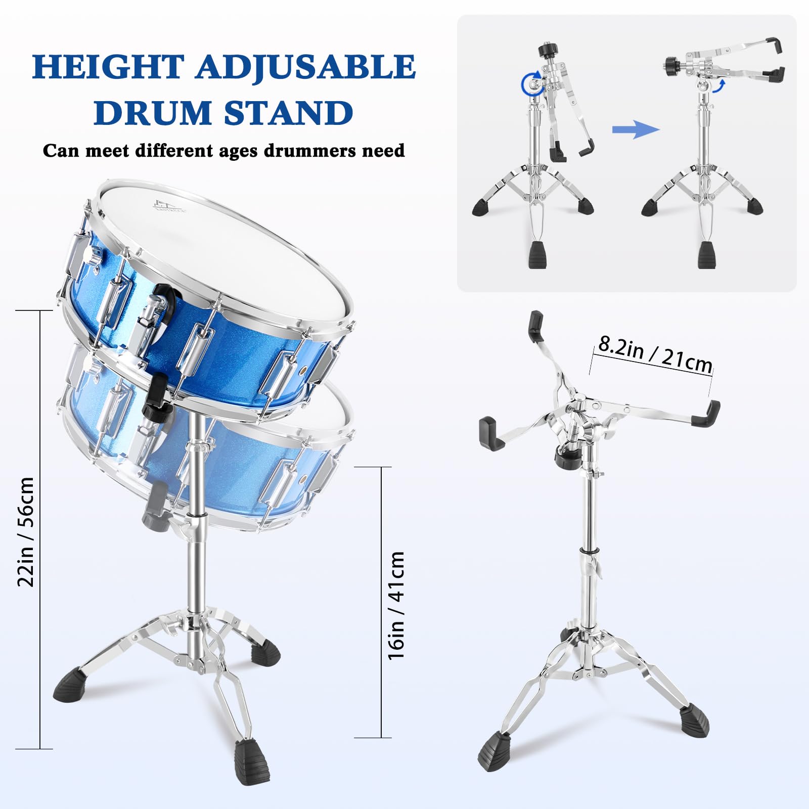 EASTROCK 14x5.5 Inch Snare Drum Set for Beginners - Includes Gig Bag, Drumsticks, Stand, Drum Keys & Coated Drum Head - Blue - Perfect for School Band, Practice & Live Performances