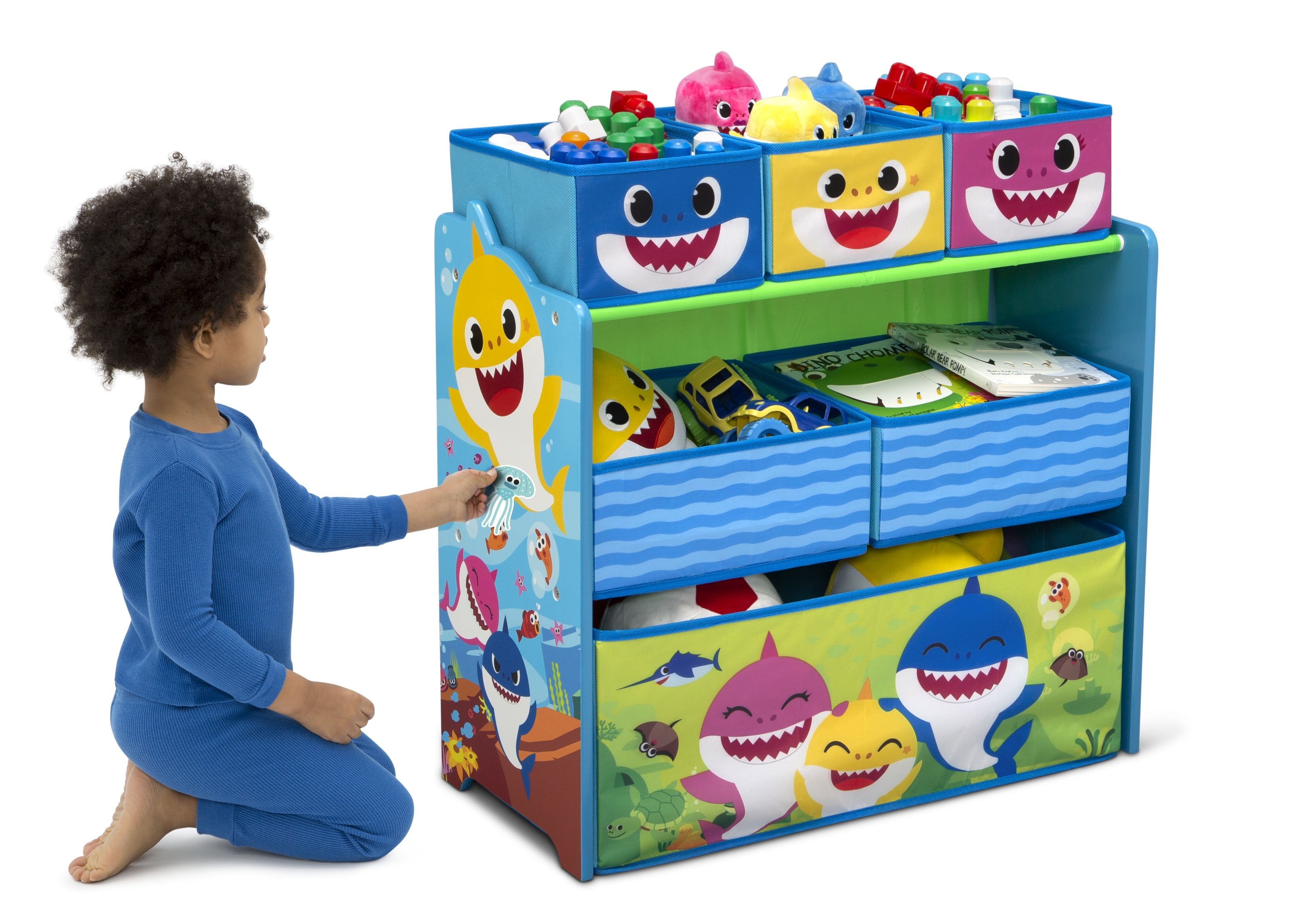 Baby Shark 6-Bin Toy Storage Organizer - Kids Room Organization & Playroom Storage Solution - Perfect for Toys, Books, and School Supplies
