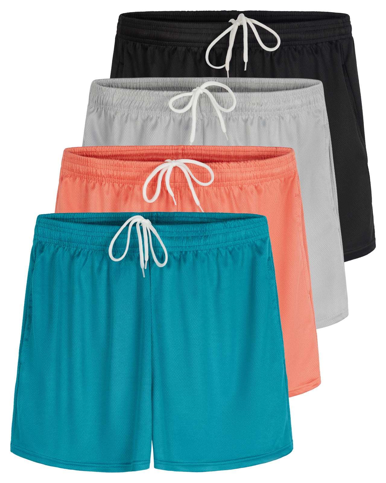 Real Essentials 4 Pack Women's Athletic Performance Mesh Shorts with Pockets - Breathable Workout Shorts for Running, Yoga & Gym (Plus Size Available)