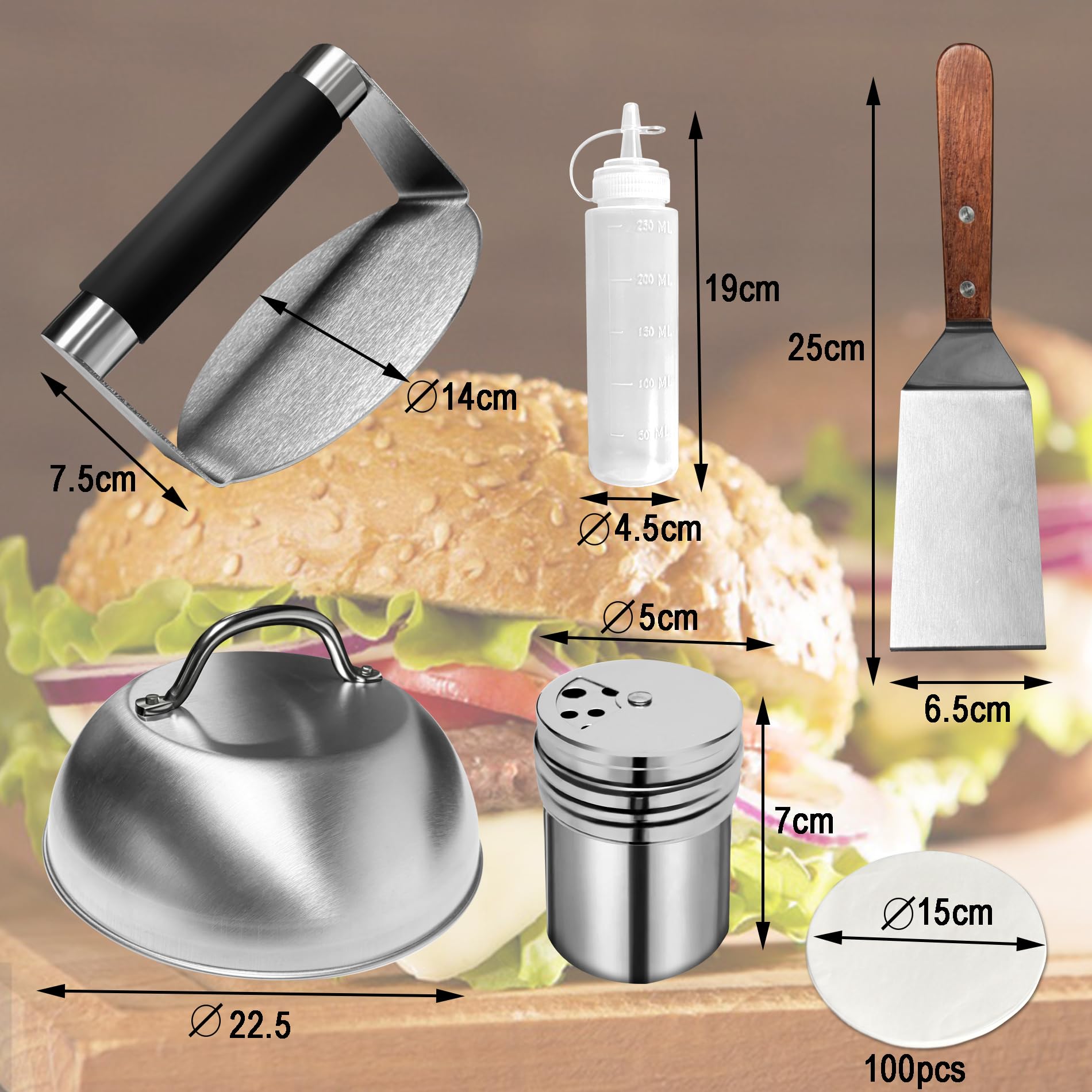 Premium Stainless Steel Burger Press Set - Smash Burger Maker with Metal Spatulas, Burger Dome, Wax Disc Papers & Squeeze Bottles - Perfect for BBQ, Grilling & Restaurant-Style Burgers at Home