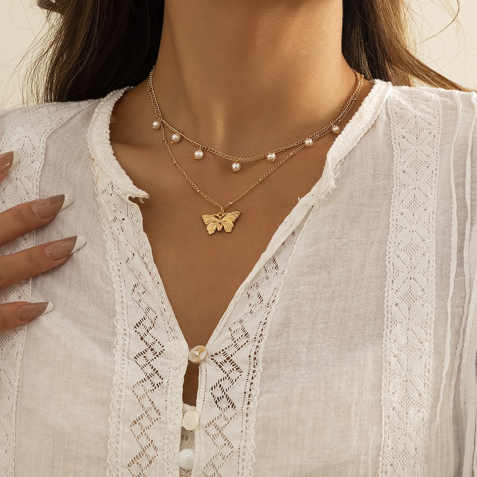 KnBoB 2 Layer Gold Plated Cuban Chain Necklace for Women - Adjustable Vintage Layered Necklace with Butterfly Pendant | Perfect for Casual Wear, Date Nights & Gift Giving