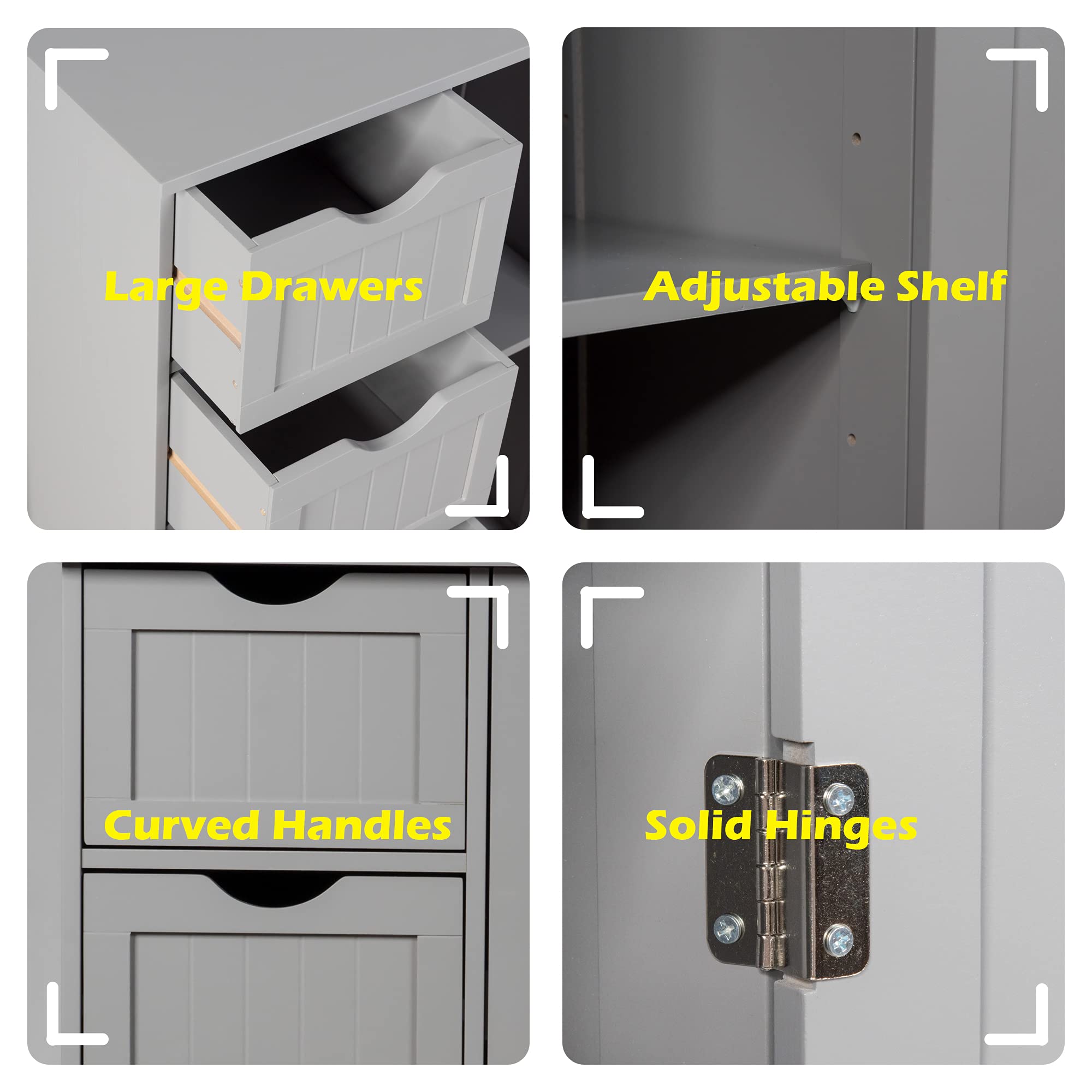 GLACER 4-Drawer Bathroom Storage Cabinet with Door - Wooden Floor Organizer for Bathroom, Living Room, Kitchen - 22 x 12 x 32 Inches, Grey | Space-Saving Solution for Towels, Toiletries & Home Essentials