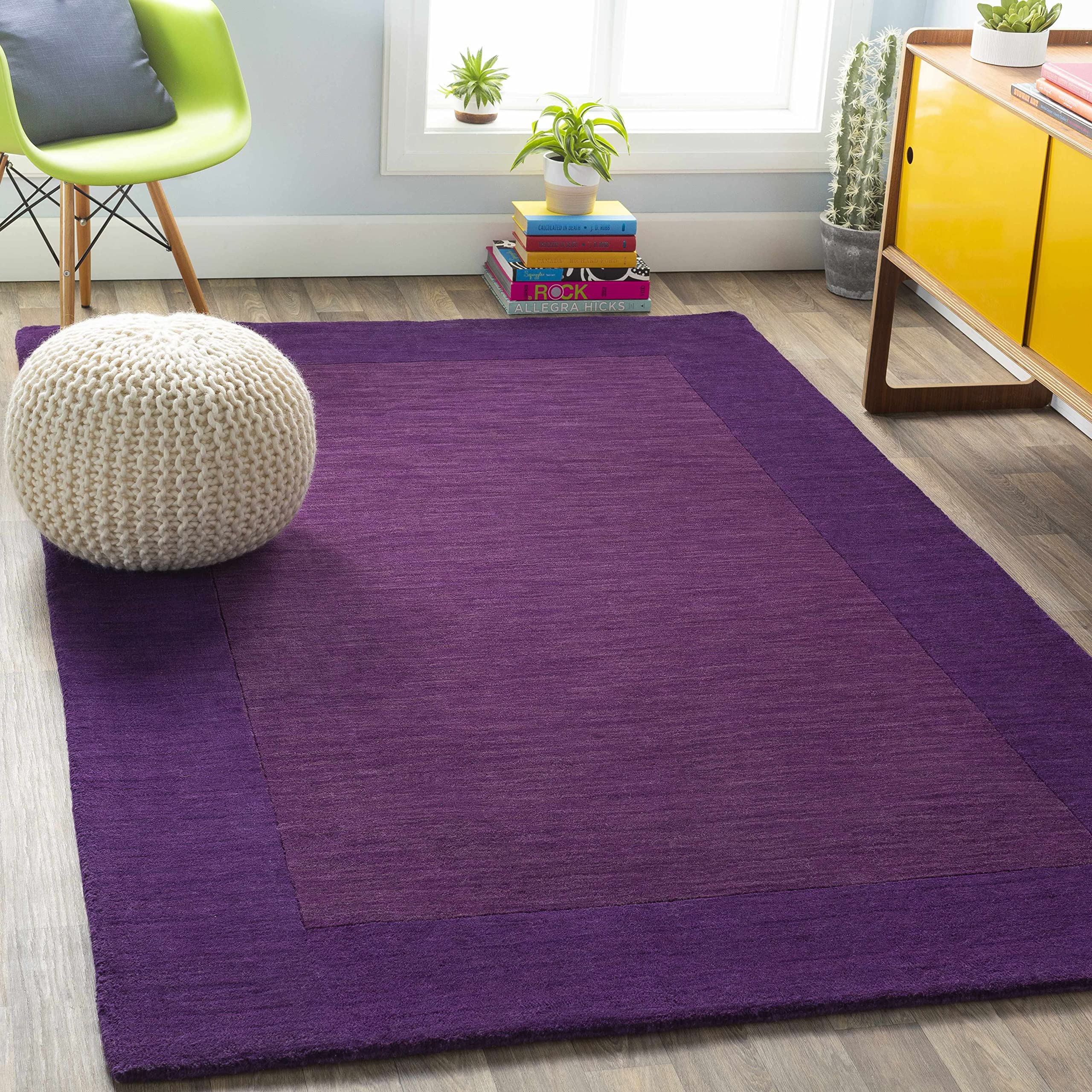 Premium Greene Wool Area Rug for Living Room & Bedroom - Solid Border Design in Purple - 8' x 11' Size - Soft & Durable Home Decor for Cozy Spaces