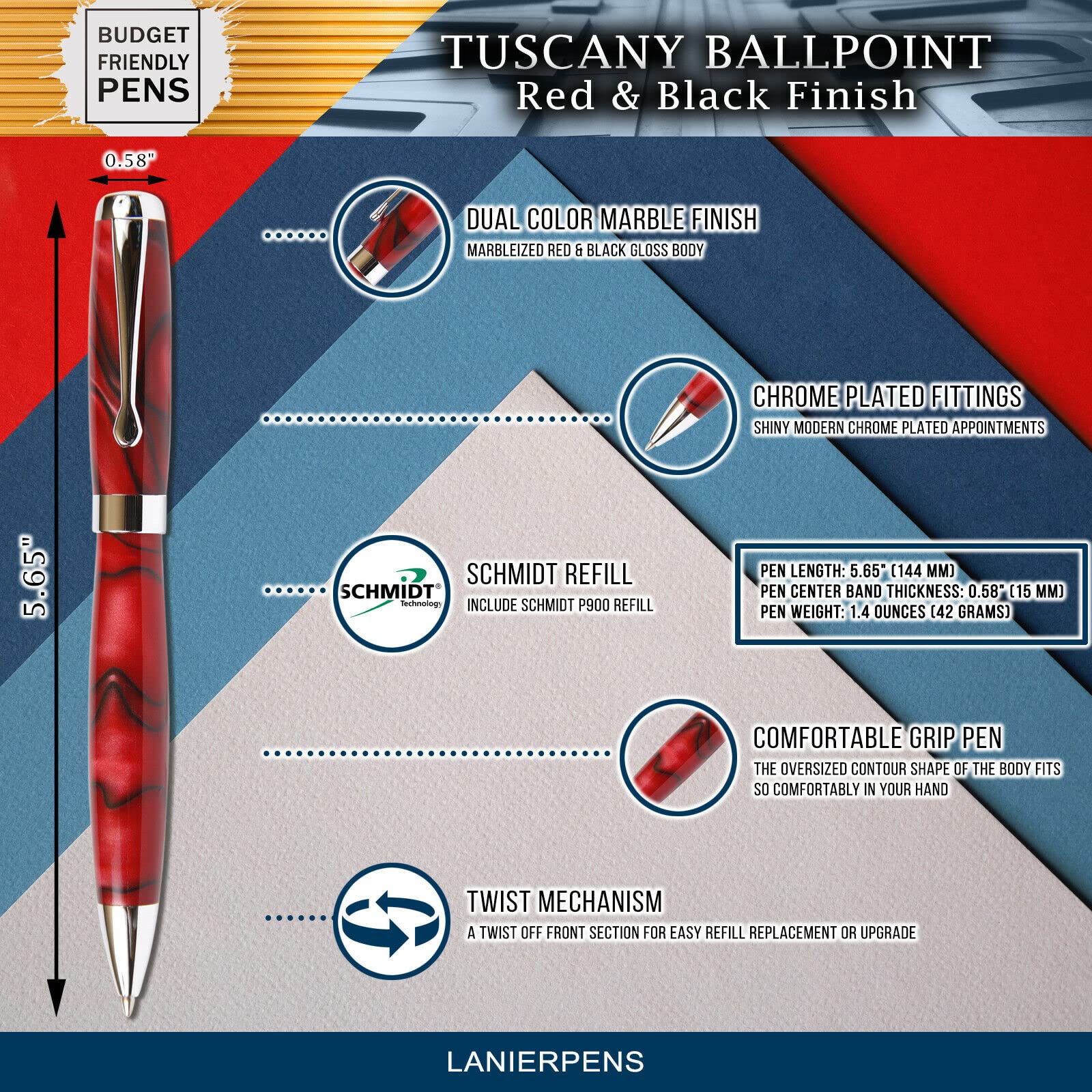Premium Tuscany Ballpoint Pen - Elegant Red & Black Marbleized Glossy Body - Perfect for Office, School & Gift Giving
