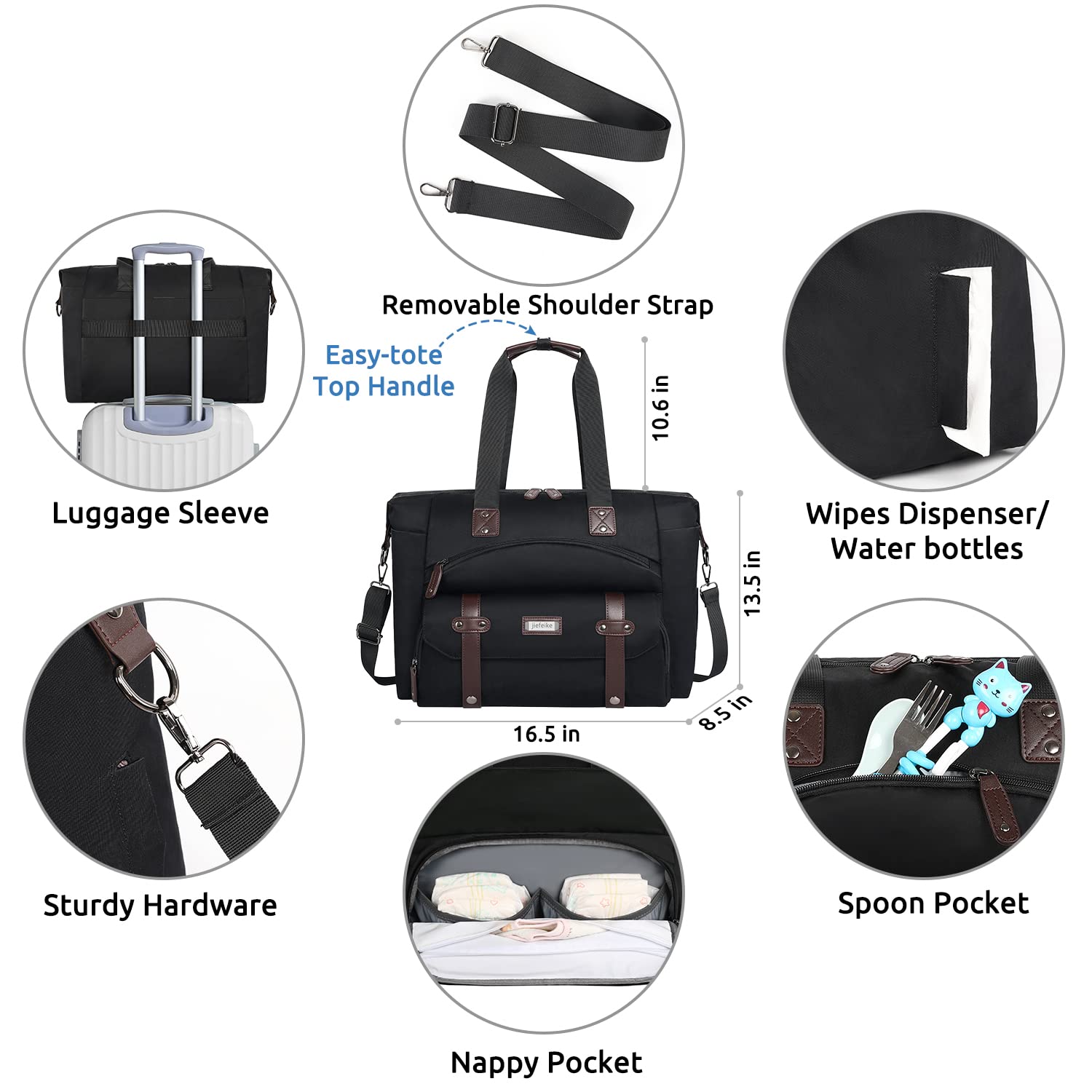 Jiefeike Black Diaper Bag with Changing Pad - Large Anti-Theft Travel Tote for Parents - Perfect for Hospital & Weekend Trips