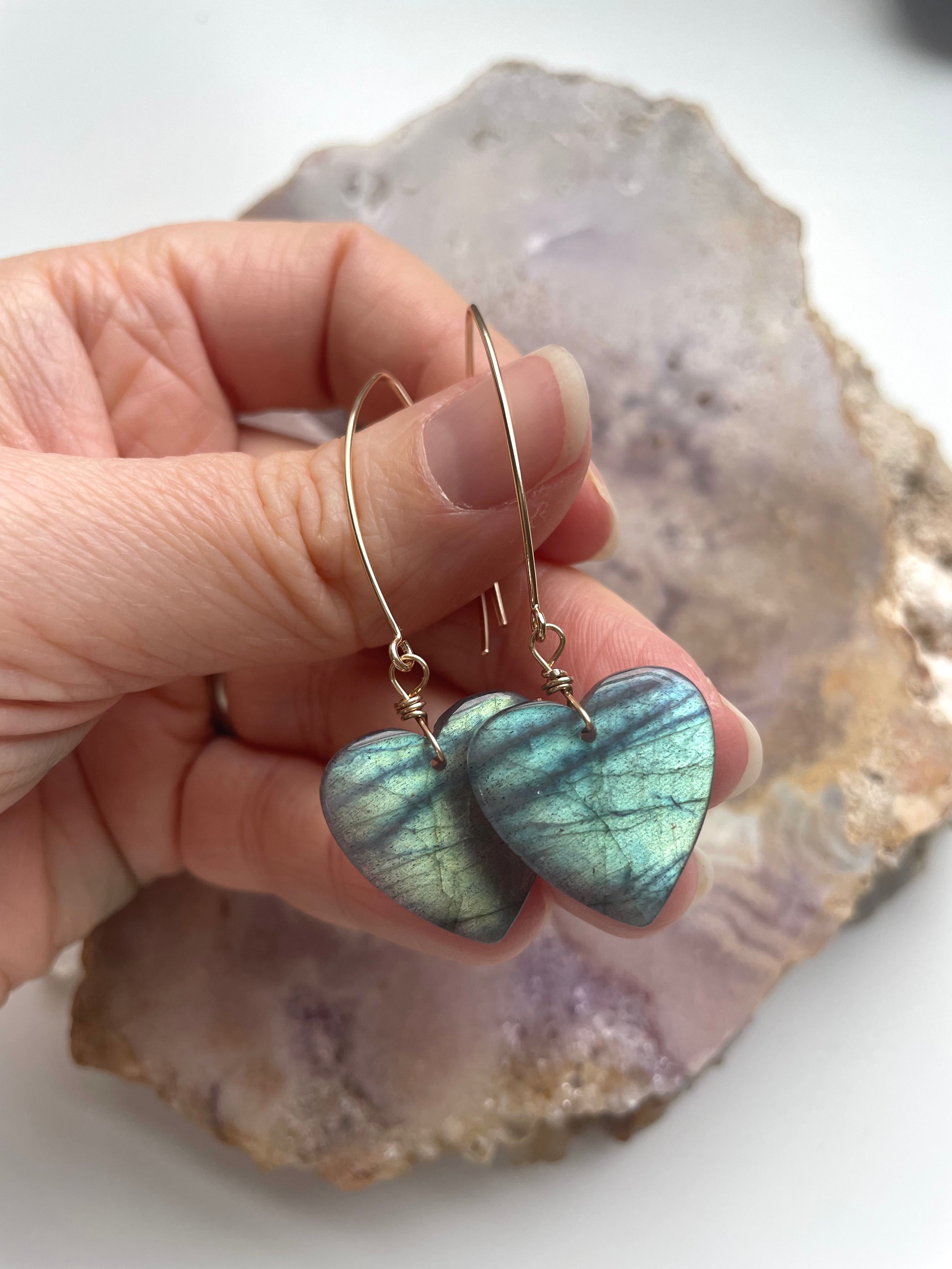 Statement Gold Labradorite Heart Dangle Drop Crystal Earrings for Women | Elegant Bohemian Jewelry for Party, Wedding & Special Occasions
