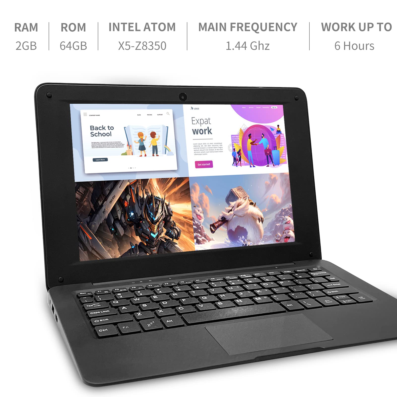 10.1 Inch Windows 10 Laptop - Intel Quad Core Processor, 4GB RAM, 64GB eMMC Storage | Lightweight Mini Netbook with Laptop Sleeve, Wireless Mouse & Headphones (Black) | Perfect for Students, Business Travel & Home Office Use
