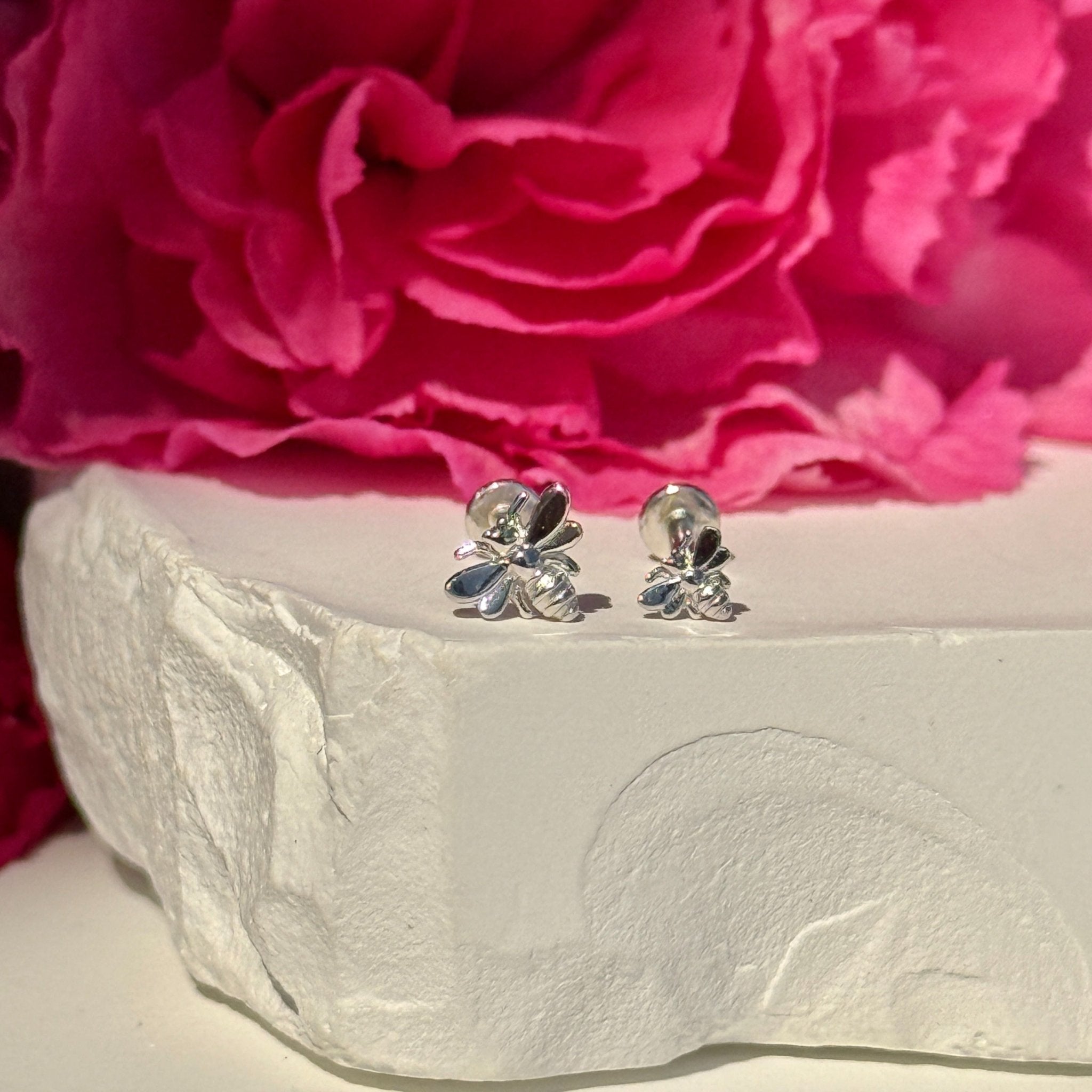 Minimalist Bee Flat Back Stud Earrings in Solid 14k White Gold - Dainty Jewelry for Everyday Wear, Gift for Her, Wedding, Anniversary