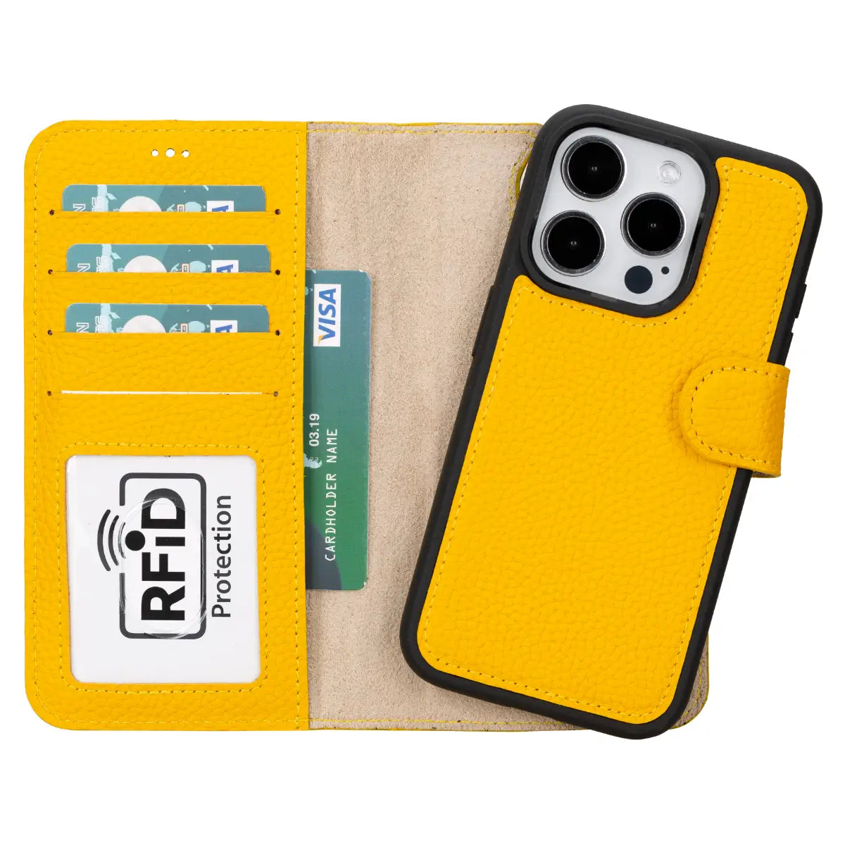 Premium Yellow Leather Wallet Case for iPhone 15 Pro - Slim RFID Blocking Phone Cover with Card Slots | Perfect for Everyday Use, Travel & Business Meetings