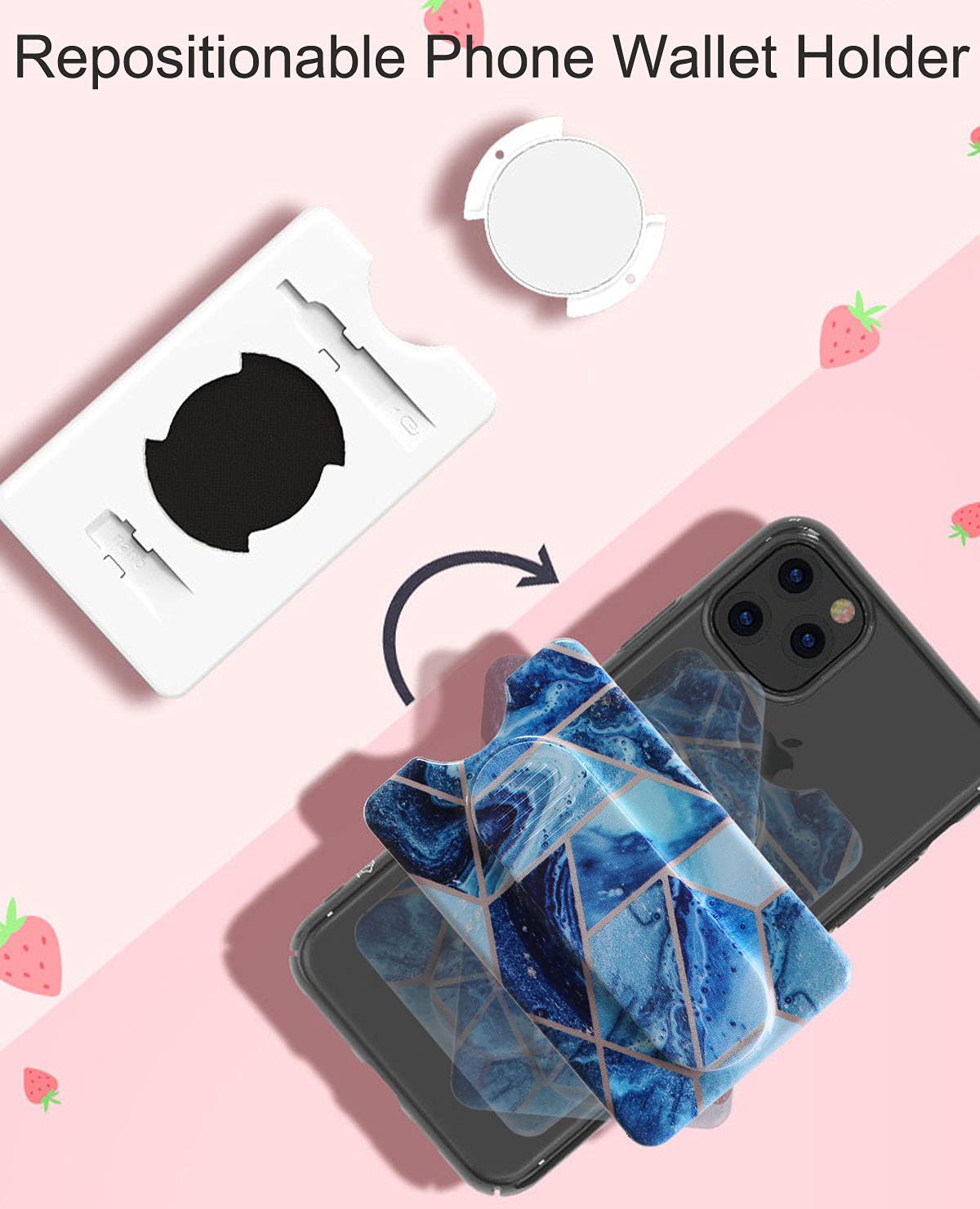Detachable Phone Wallet with Kickstand & Finger Grip - Wireless Charging Compatible for iPhone & Smartphones (Blue Marble) - Perfect for Selfies, Hands-Free Viewing & On-the-Go Charging