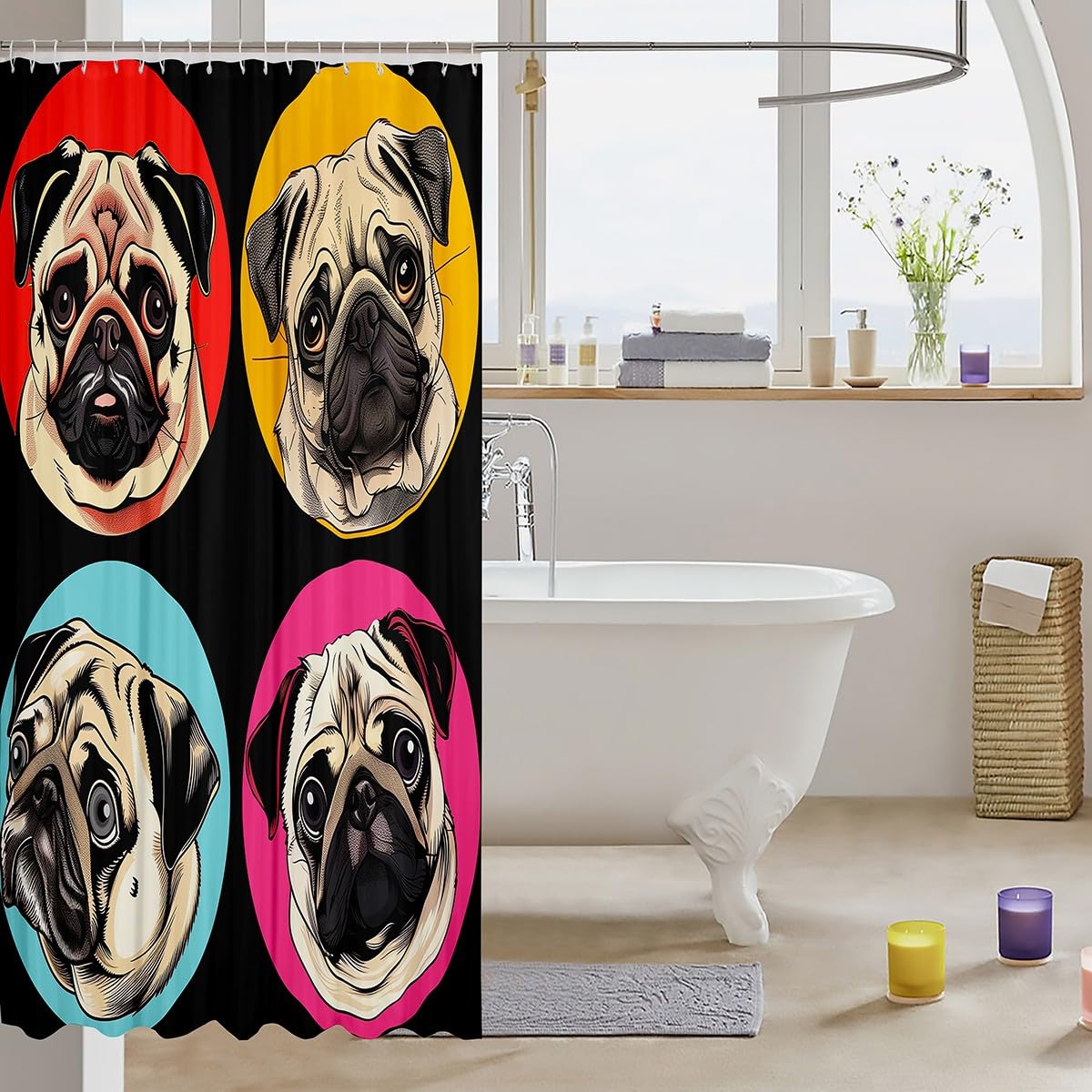 Funny Pug Dog Shower Curtain - Waterproof Bathroom Decor for Kids & Adults with 12 Hooks, 72x72 Inches - Perfect for Pet Lovers' Bathrooms, Kids' Bathrooms, and Animal-Themed Home Decor