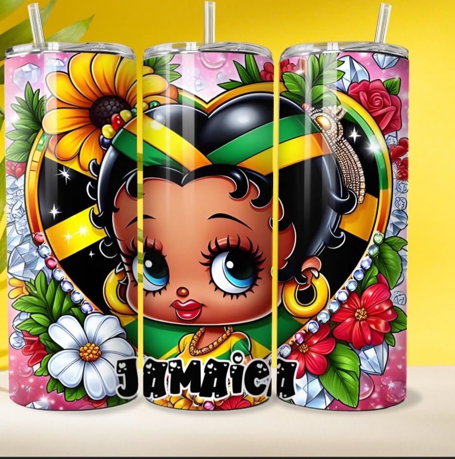 20oz Insulated Tumbler with Lid and Straw - Jamaica Themed Design, Perfect for Iced Coffee, Smoothies & Travel - BPA Free Stainless Steel Water Bottle for Women & Girls