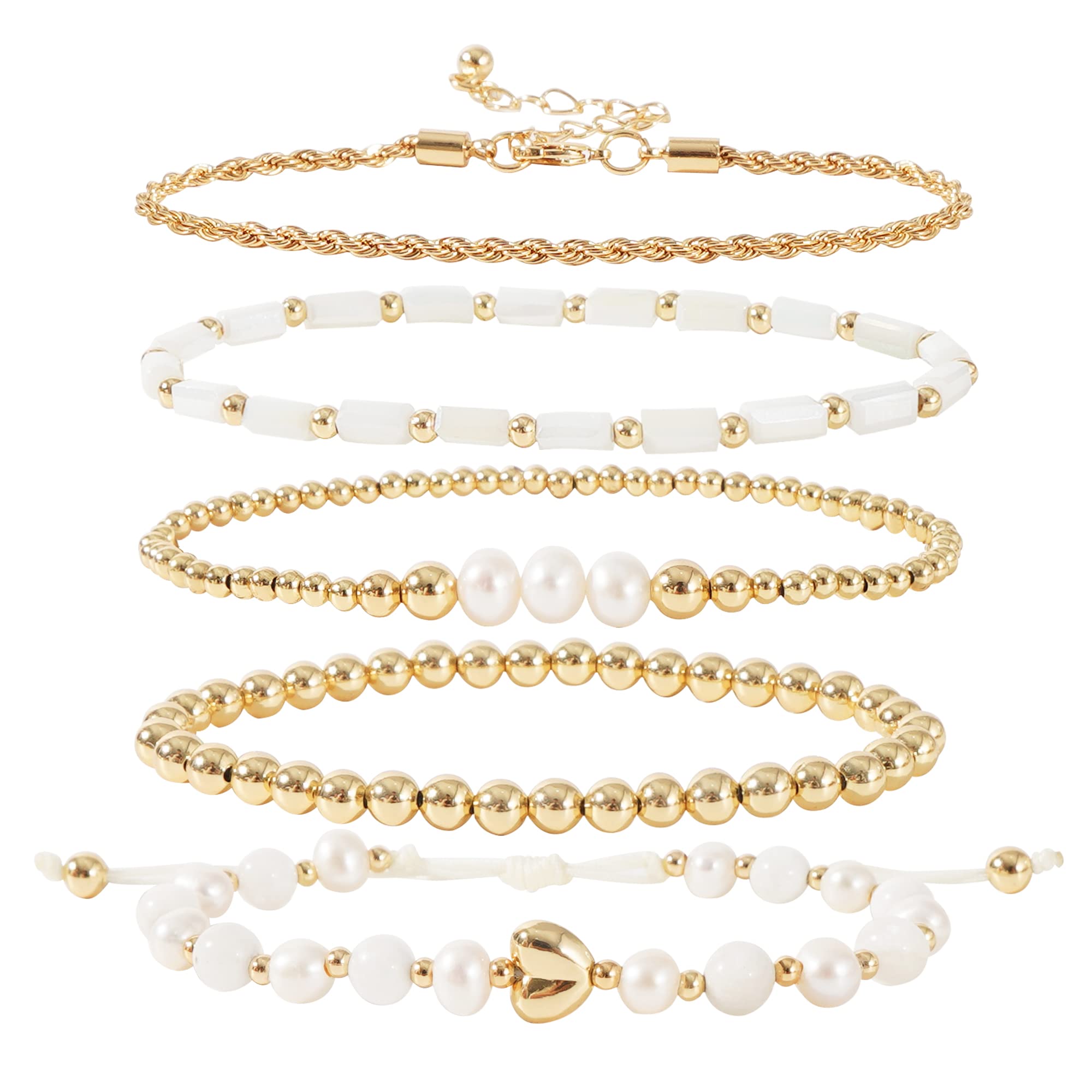 GOOJIDS Tiny Pearl Gold Heart Beaded Bracelets for Women - Dainty Gold Plated Pearls Stackable Layered Beads Bracelet Gift Set for Mom, Birthday, Mother's Day | Perfect for Everyday Wear, Special Occasions & Gift Giving
