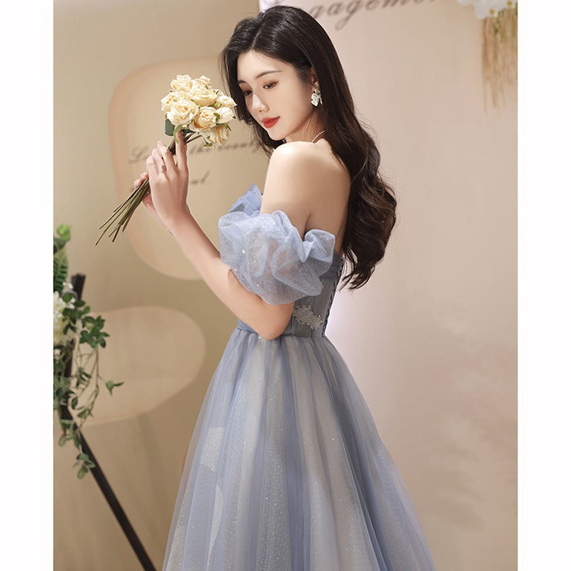 Sparkly Off Shoulder Prom Dress - A-Line Tulle Party Gown with Puff Sleeves | Elegant Blue Evening Gown for Homecoming, Prom Night & Special Occasions