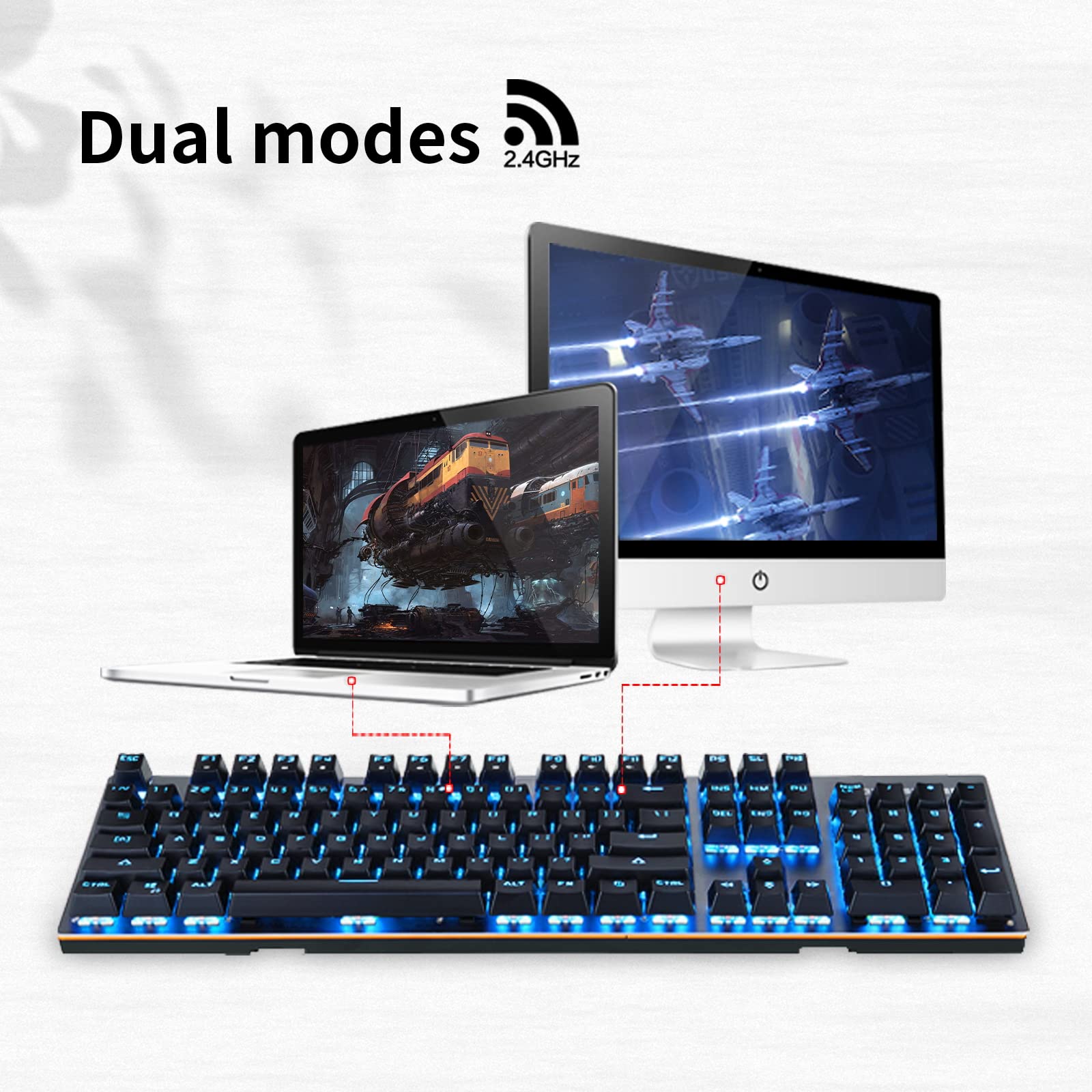 MOTOSPEED 2.4GHz Wireless & USB Wired Mechanical Gaming Keyboard - 104 Keys with Blue Switches & LED Backlit - Compatible with Mac, PC, Laptop - Perfect for Gaming, Typing & Office Work