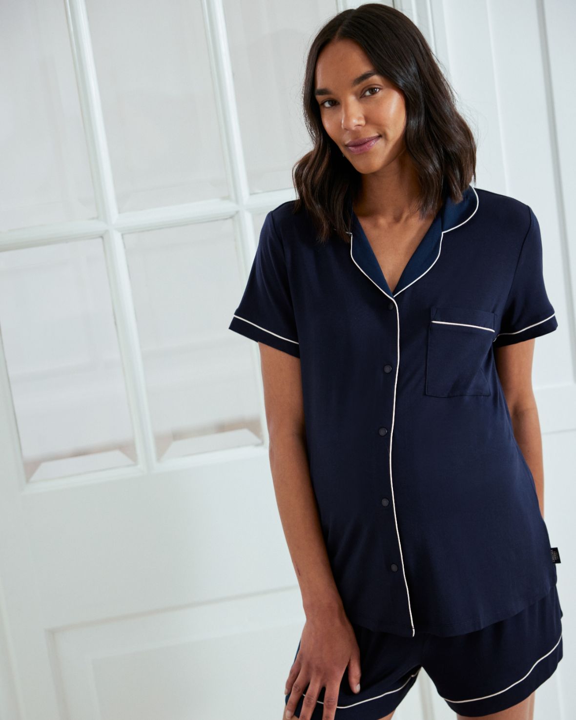 Soft & Breathable Maternity TENCEL™ Modal Short Sleeve Button Up Pajama Set - Navy Blue | Comfortable Nursing Sleepwear for Pregnant Women | Perfect for Maternity Hospital Stay & Breastfeeding at Home